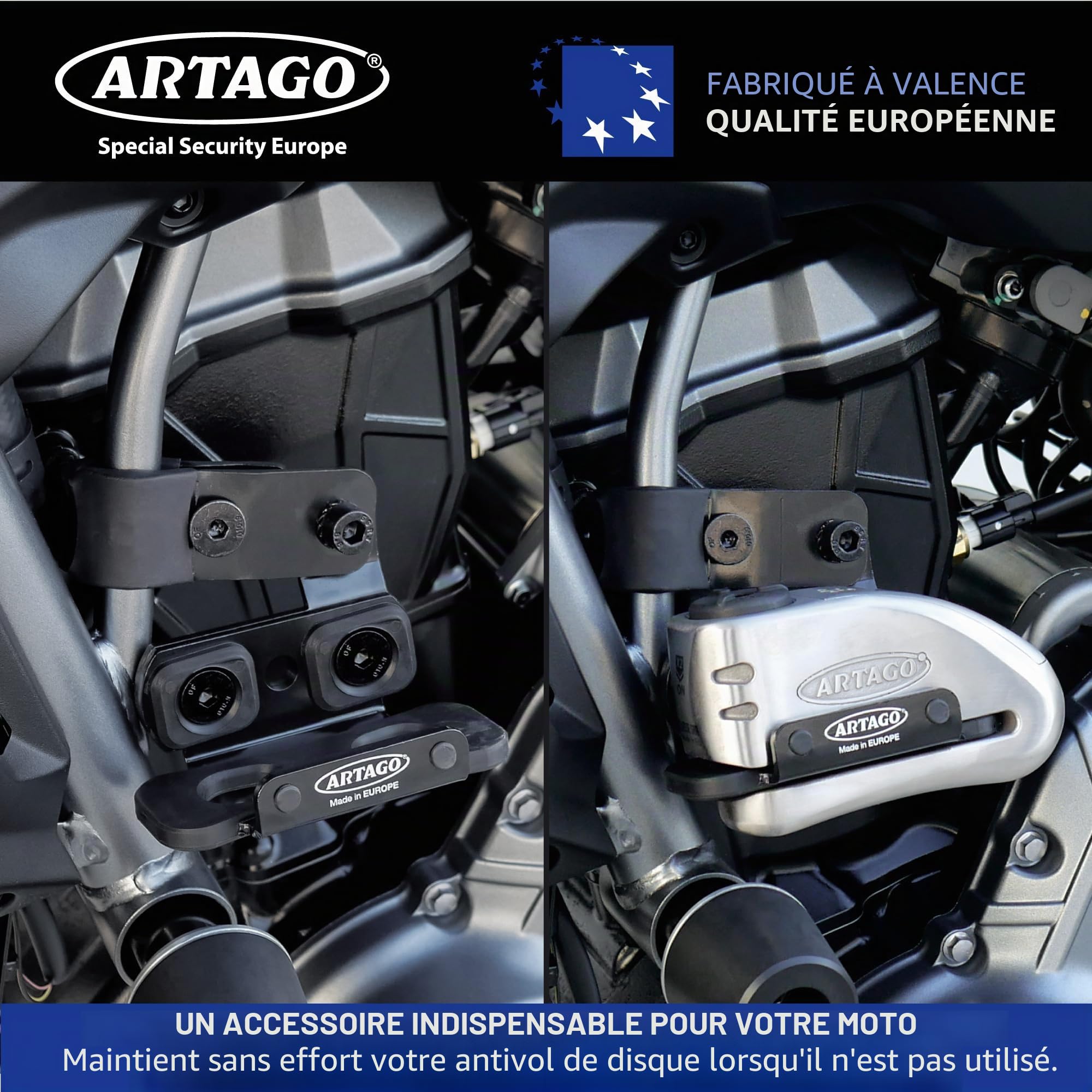 ARTAGO K202 Support de Transport pour Antivol de Disque ARTAGO 32 | Tubes de 18 à 25 mm ou Vis de Moto | Acier Noir avec Silentblocs Antivibrations | Accessoire Moto