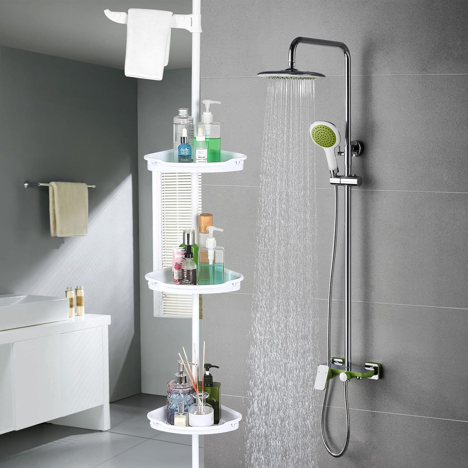 FinerFurnis Corner Shower Caddy Tension Pole 4 Tier Bathroom Shower Shelves Organizer with Adjustable Trays 101 6 Inch-122
