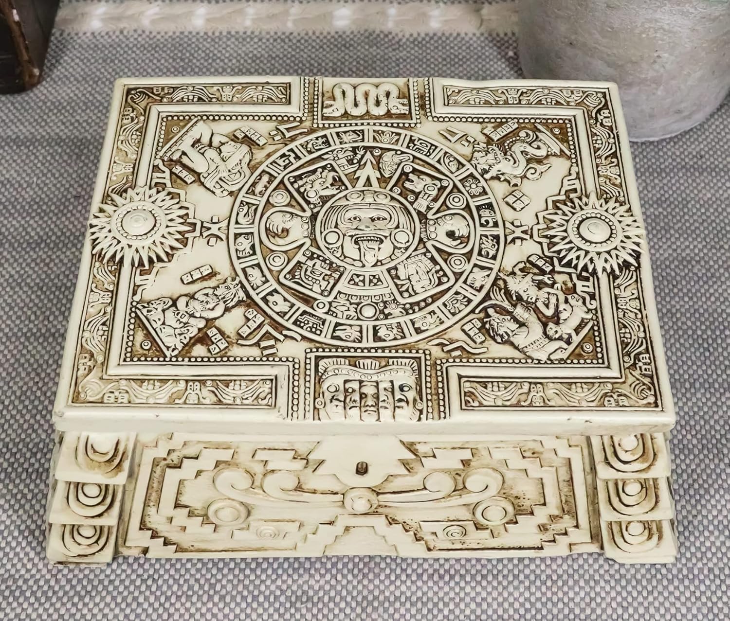 Ebros Mexica Aztec Maya Solar Sun Gods And Goddesses Mesoamerican Calendar Jewelry Treasure Trinket Box Figurine As Vanity Or Decorative Storage Decor For Mothers Dads Office Study Desk Organizer