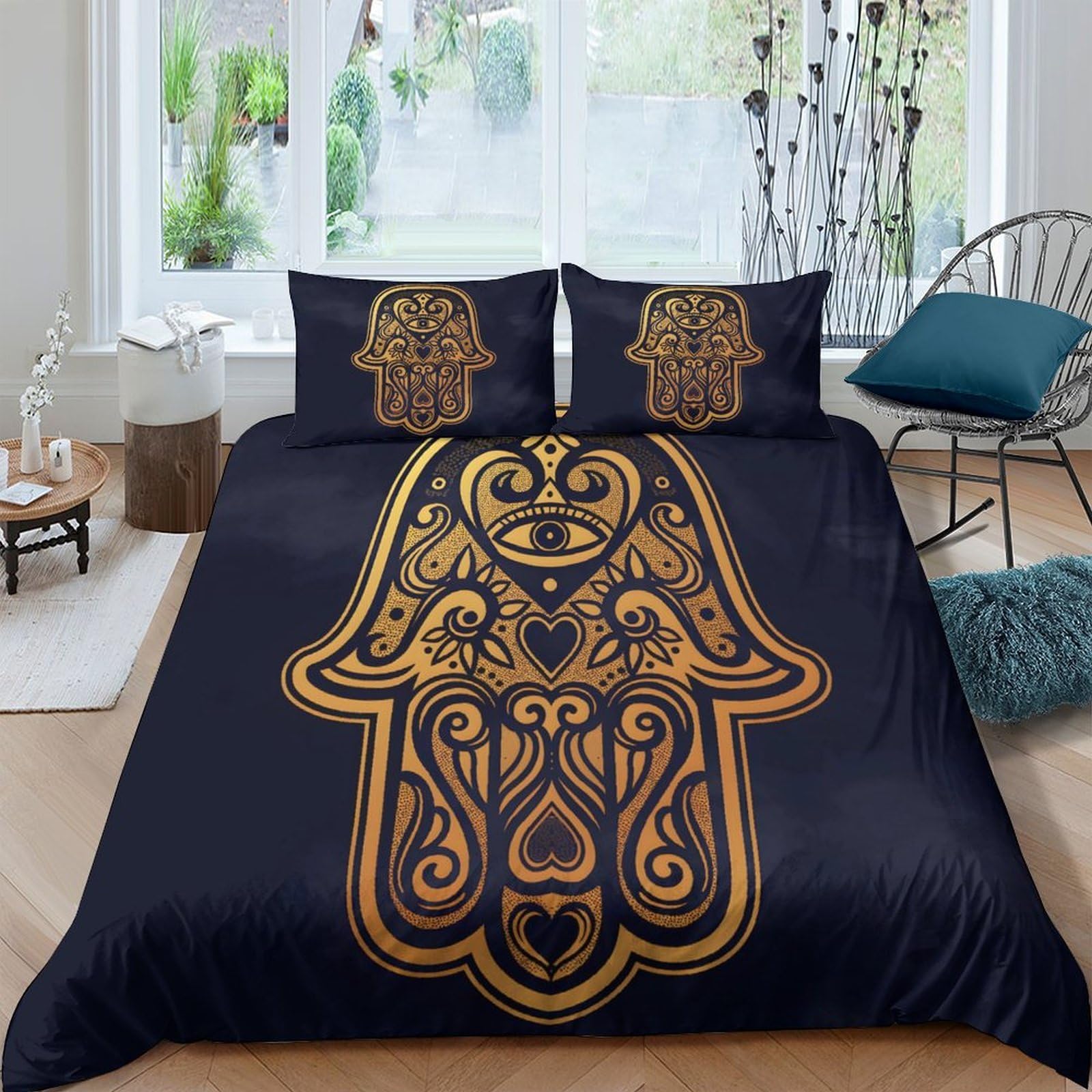 GPLZQXKJNH 3D Printed Gold Hamsa Duvet Cover Microfiber Soft Breathable Black Mandala Bedding Set with 2 Pillowcases for Bedroom Decor Single（135x200cm）