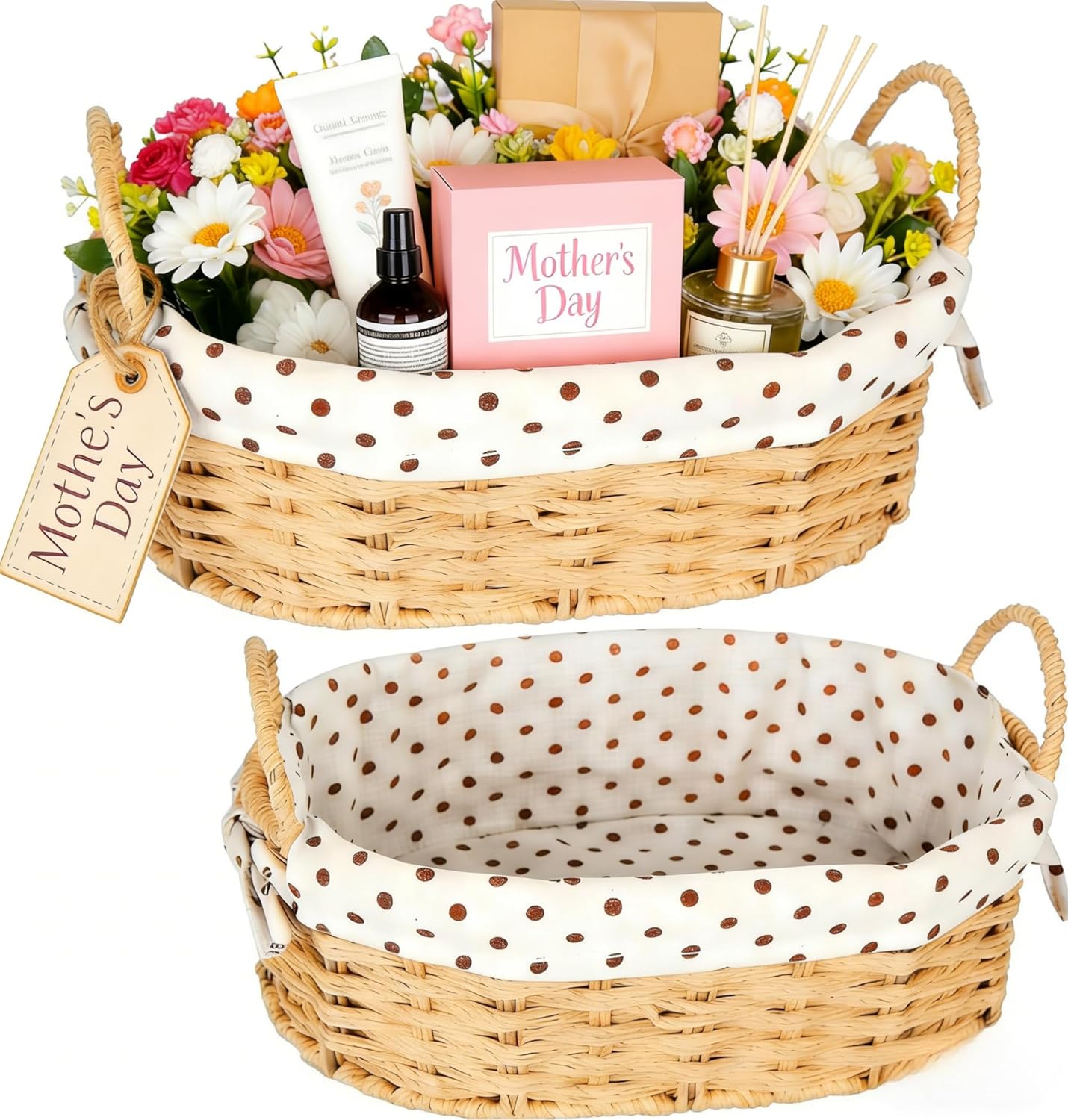 Empty Gift Basket with Handles, 2 Pack Wicker Rope Baskets for Organizing, Mothers Day Gift Basket for Storage Shelf, Table, Outdoor Picnic & Home Decor(Oval)