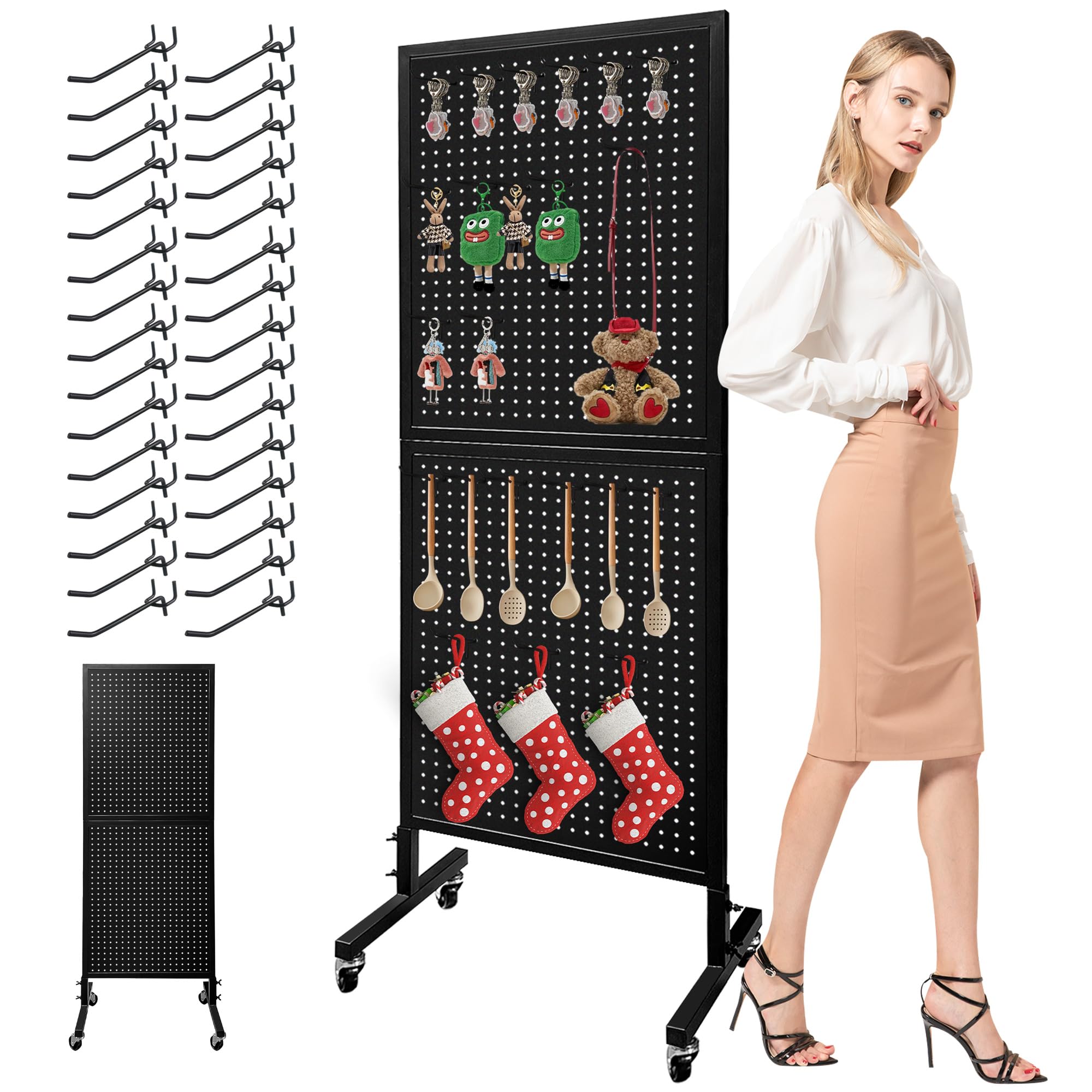 Royxen Metal Pegboard 2 x 5 Feet with 30 Hooks, Peg Board Display Stand, Standing Pegboard Display with Wheels, Black