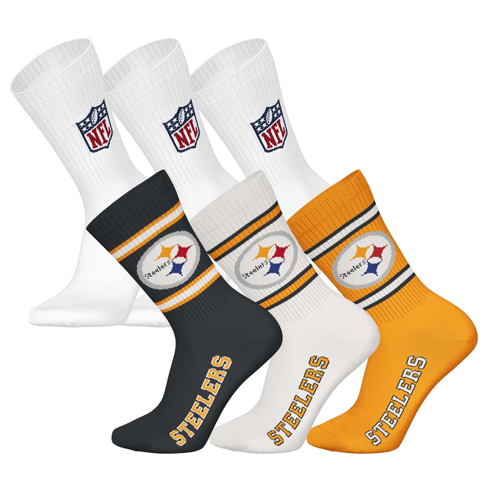 NFL Unisex Team Crew Socks, Pittsburgh Steelers, White, 39-42, Pack of 6