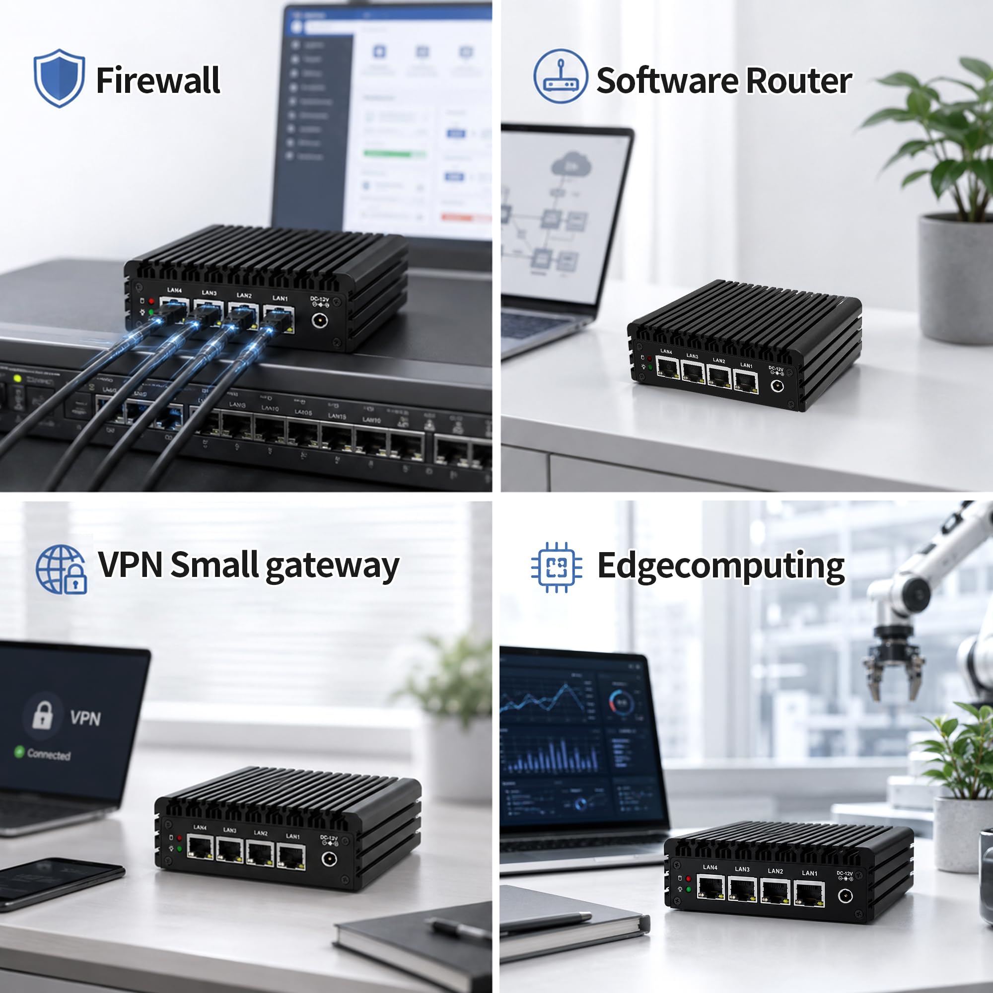 Mini PC Firewall Appliance, Pentium J3710, 4×2.5GbE i225-V LAN, OPNsense Hardware Mini Computer, Fanless Micro PC DDR3L Barebone NO RAM/SSD, HD, DP, COM RJ45, USB 3.0, AES-NI