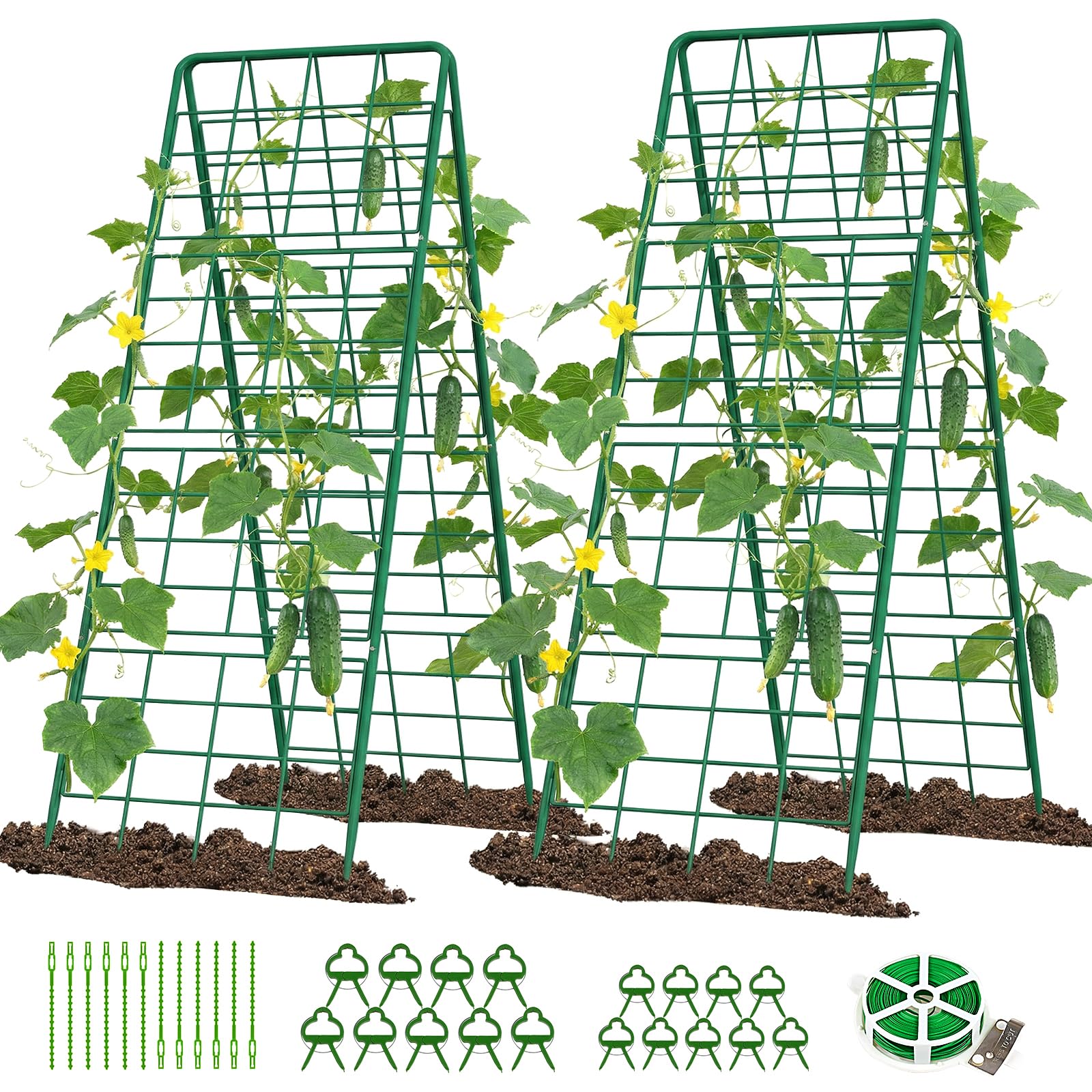 SUNYRISY 2 Stück Rankgitter für Tomaten & Gurken, 150cm Metall Gurke Rankhilfe Set, Gitternetz Kletterpflanzen Tomaten Rankhilfe, Pflanzenstütze für Blumen Nutzpflanzen, Grün