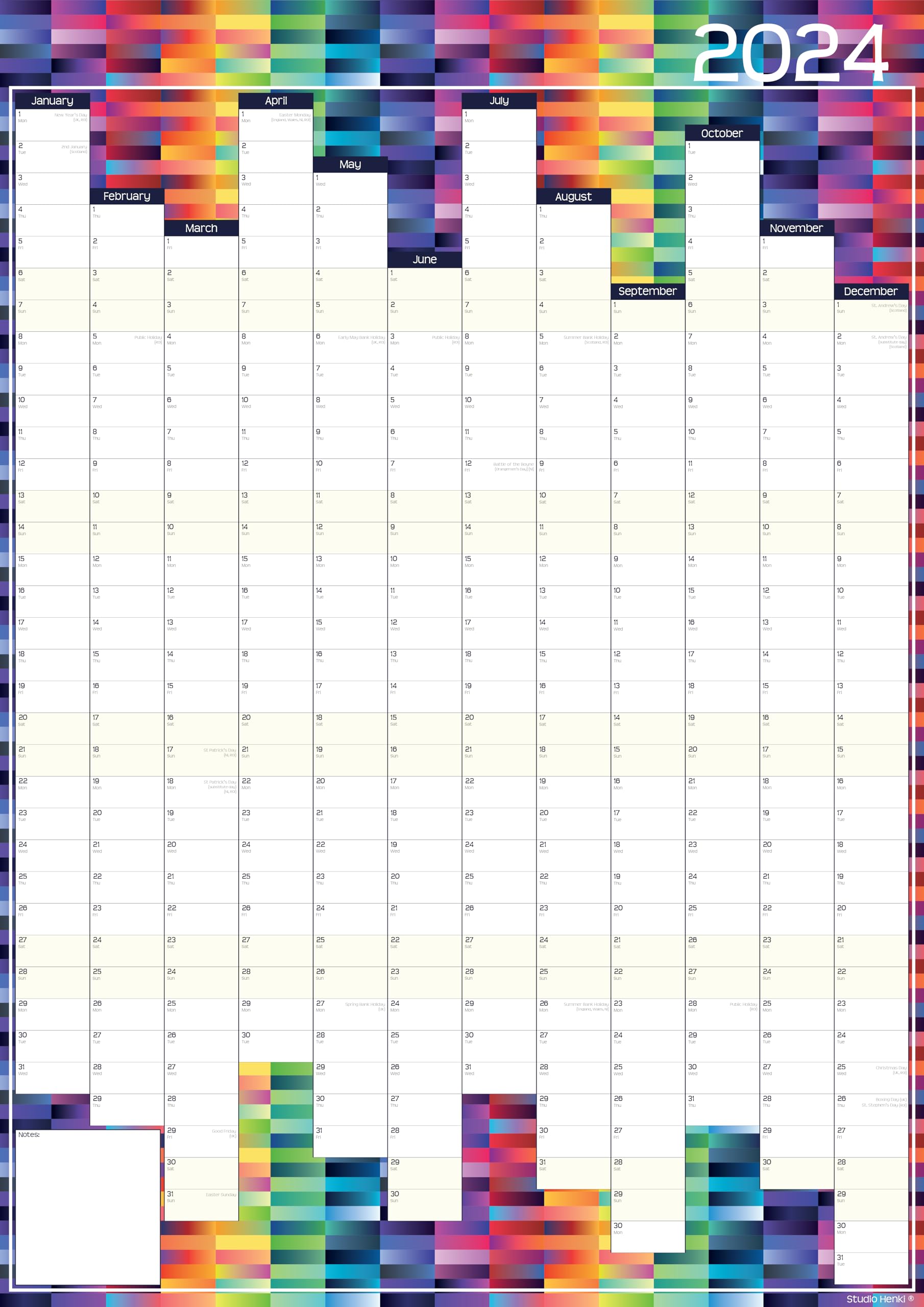 Studio Henki2024 Wall Planner. A2 Vertical Year Planner - Glitch