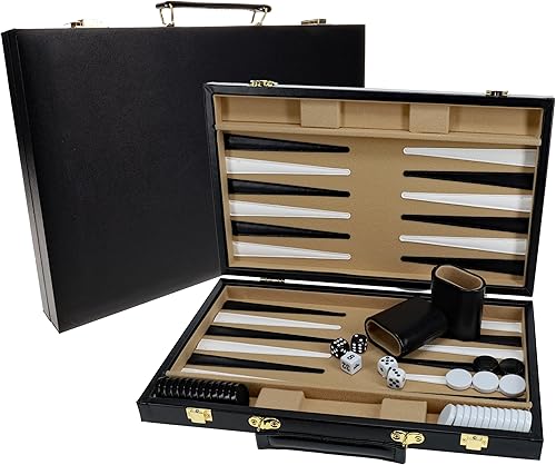 WE Games Juego de backgammon, funda de cuero sintético negro, 14.75 x 9.75 pulgadas cerrado; 19.25 x 14.75 pulgadas. Abierto, juegos de mesa