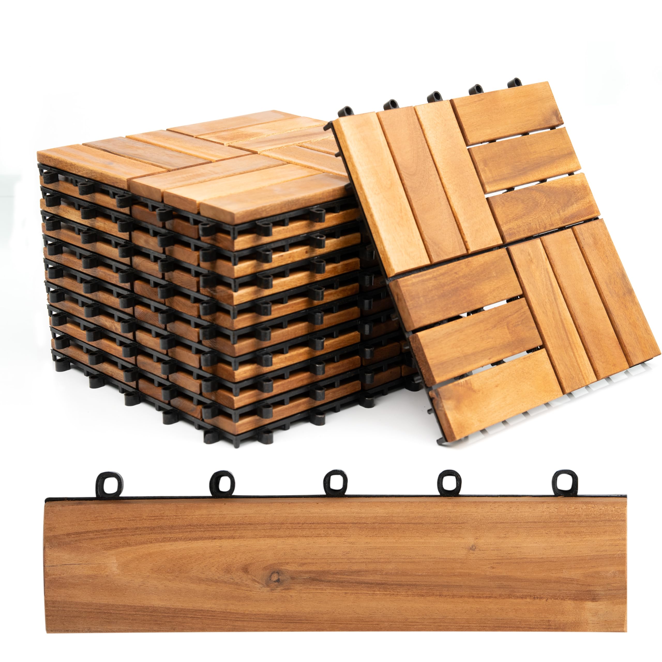 Crystals 12-Slat Hardwood Decking Tiles – 30x30cm Interlocking Floor Tiles for Patio, Balcony, Garden, or Hot Tub Deck – Includes 12 Deck Tiles & 8 Edges, Easy Installation, Great Durable Design