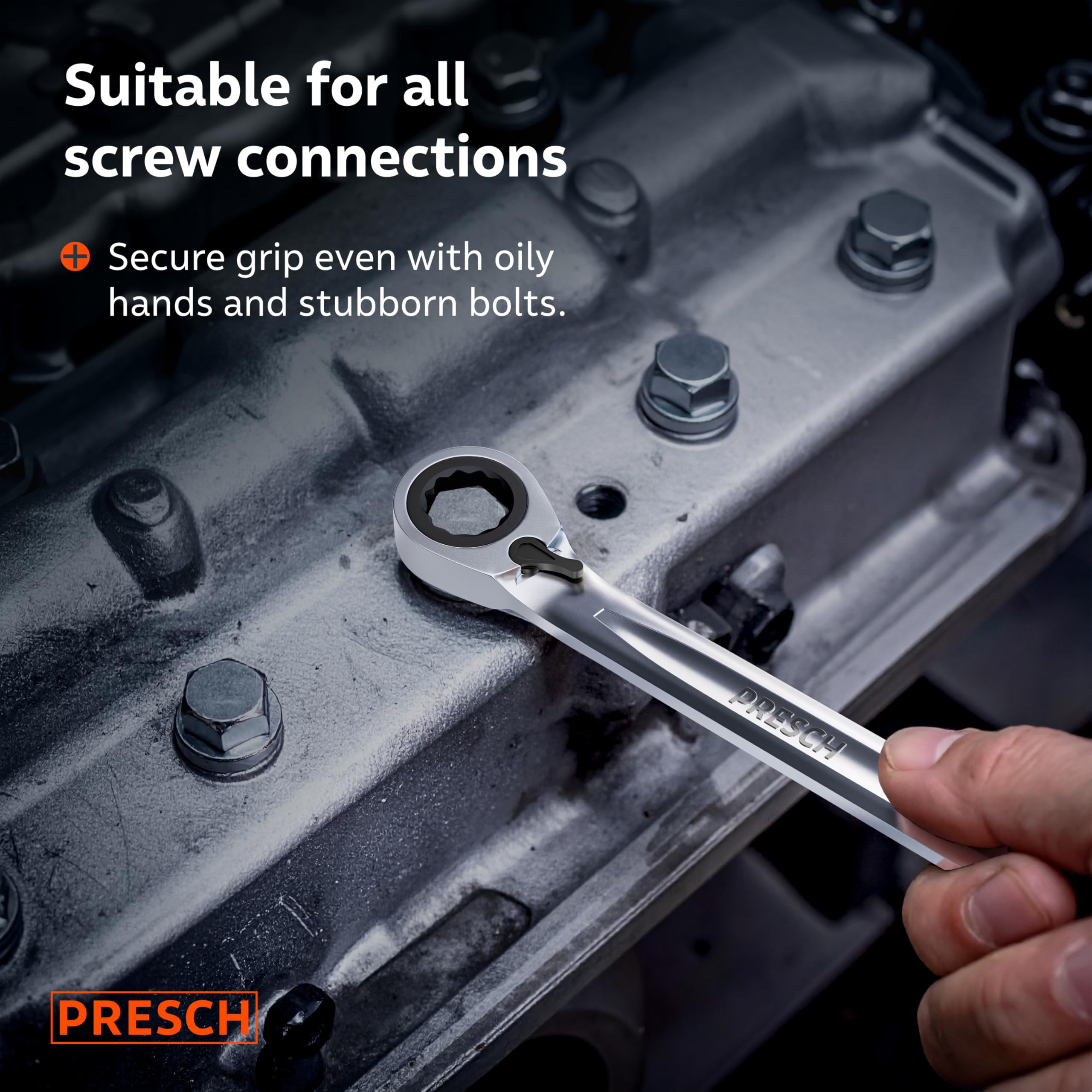 PRESCH Ratchet Spanner Reversible 12mm, Minimal Return Angle (4°, 90 Teeth), 15° Offset for Tight Spaces, Precision-machined - Image 3