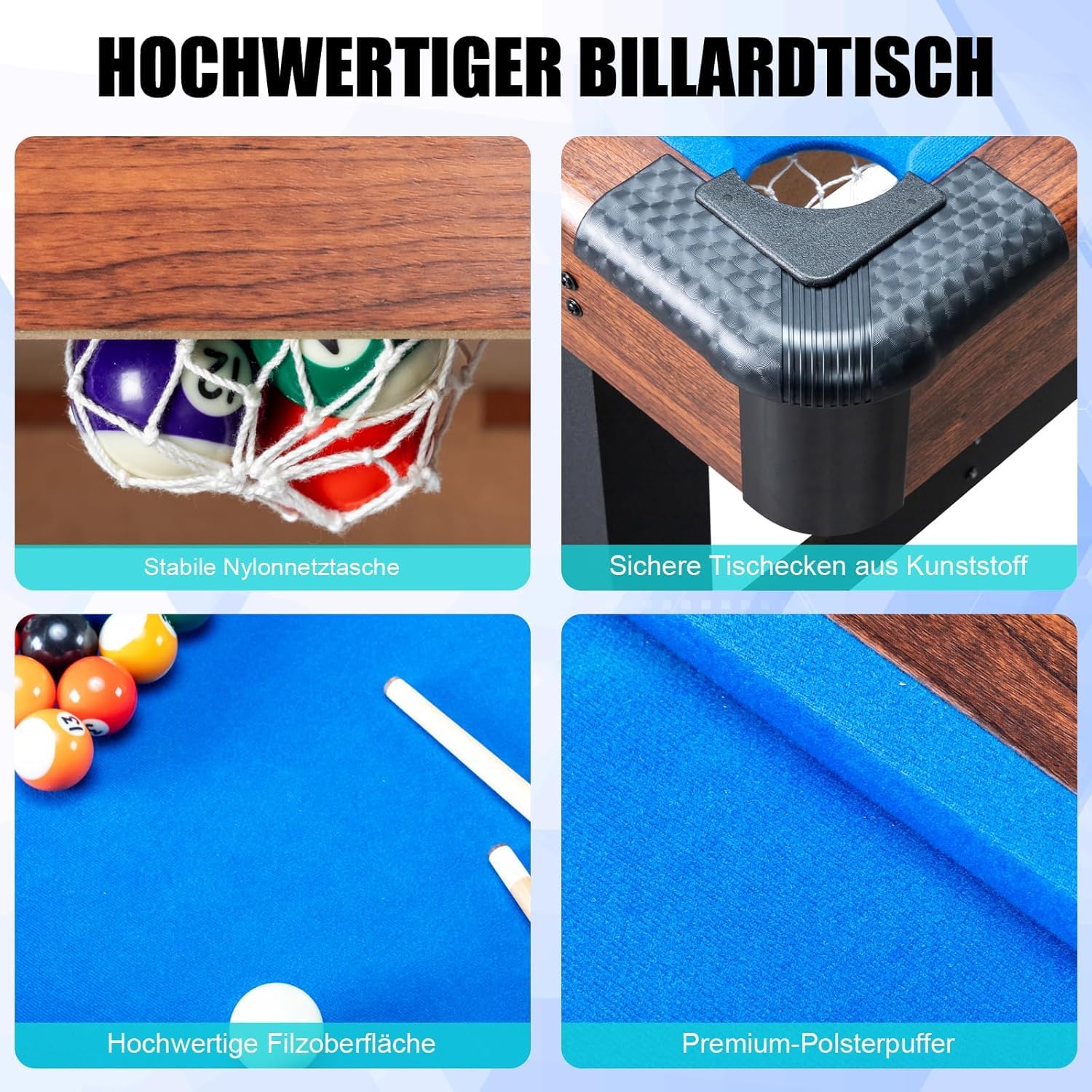 Bonnlo Billardtisch mit Zubehör (2 Queues, 1x Satz Billardkugeln, 1 Kreiden & Dreieck & Bürste), Tischbillard klappbar für Kinder & Erwachsene, 122x61x76 cm, Blau
