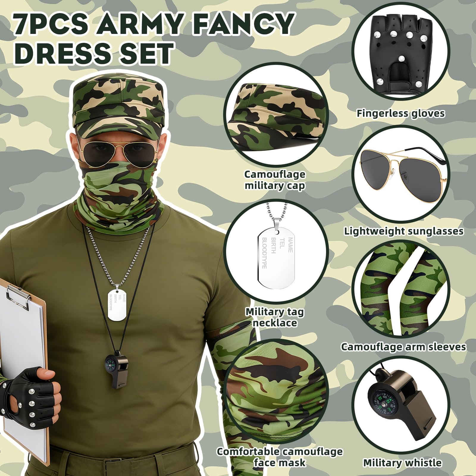 Athora 7Pcs Army Fancy Dress Accessories Set for Adults Military Costume Accessories with Camouflage Hat, Tactical Gloves - Image 3