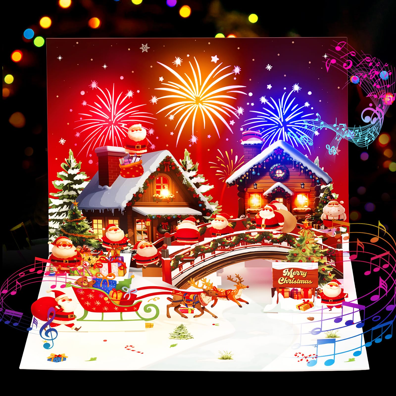 Christmas Cards, 3D Pop Up Christmas Santa Town Card with Light Music — image 1