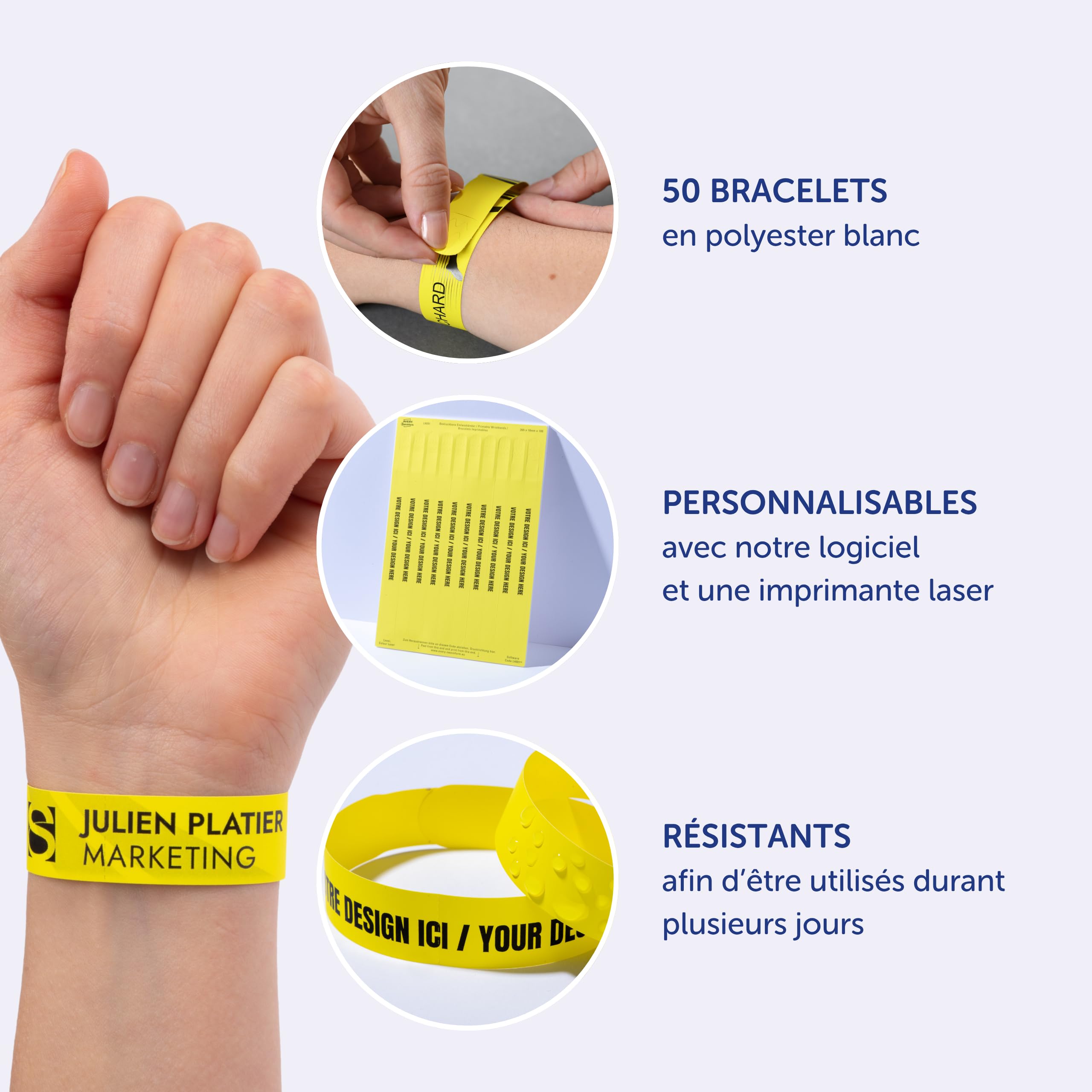 50 bracelets d'identification imprimables laser - 265 x 18 mm - Jaune