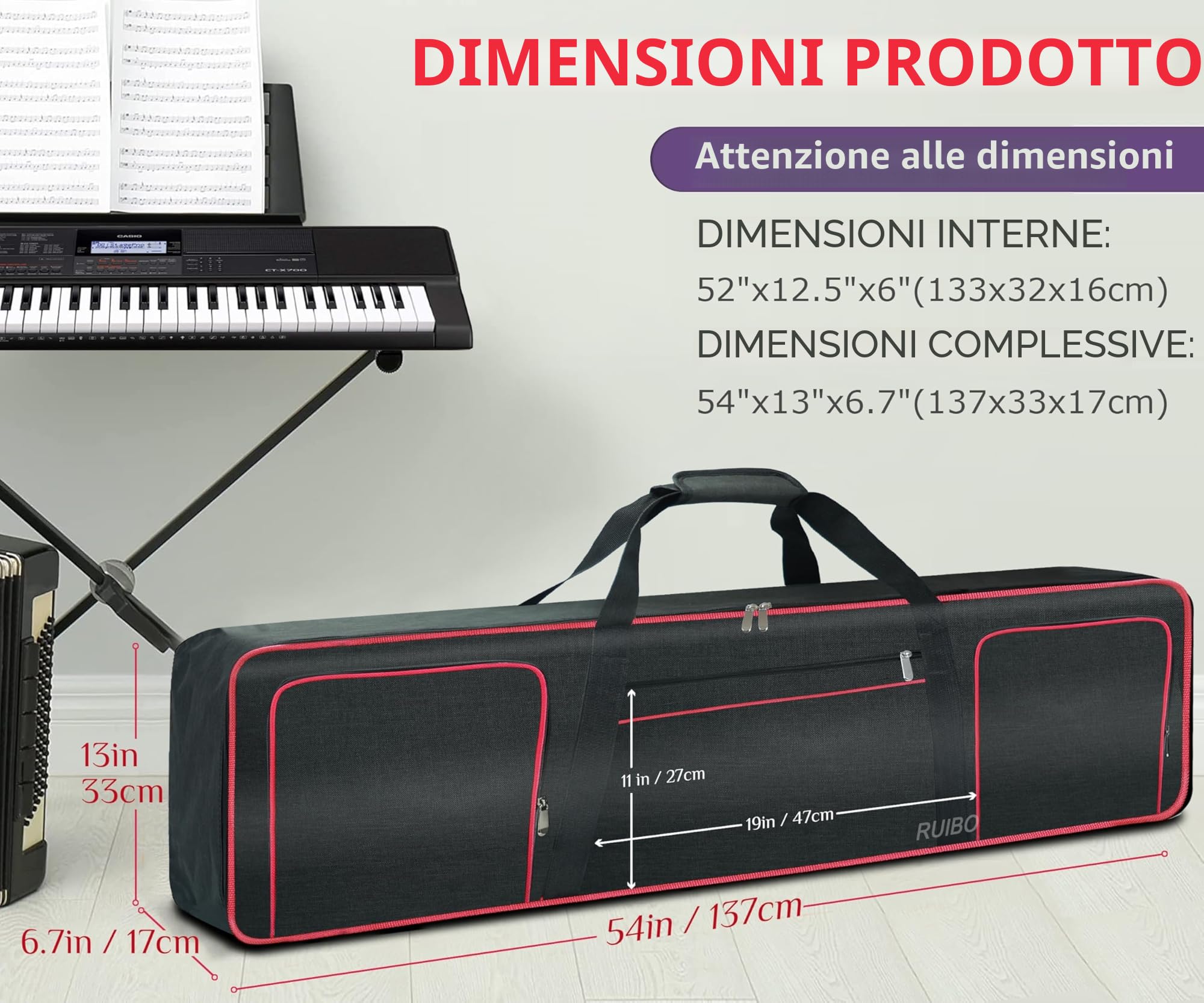 Ruibo Custodia per tastiera 88 tasti pianoforte elettrico impermeabile Oxford 600D 54 x 13 x 6.7 pollici rosso