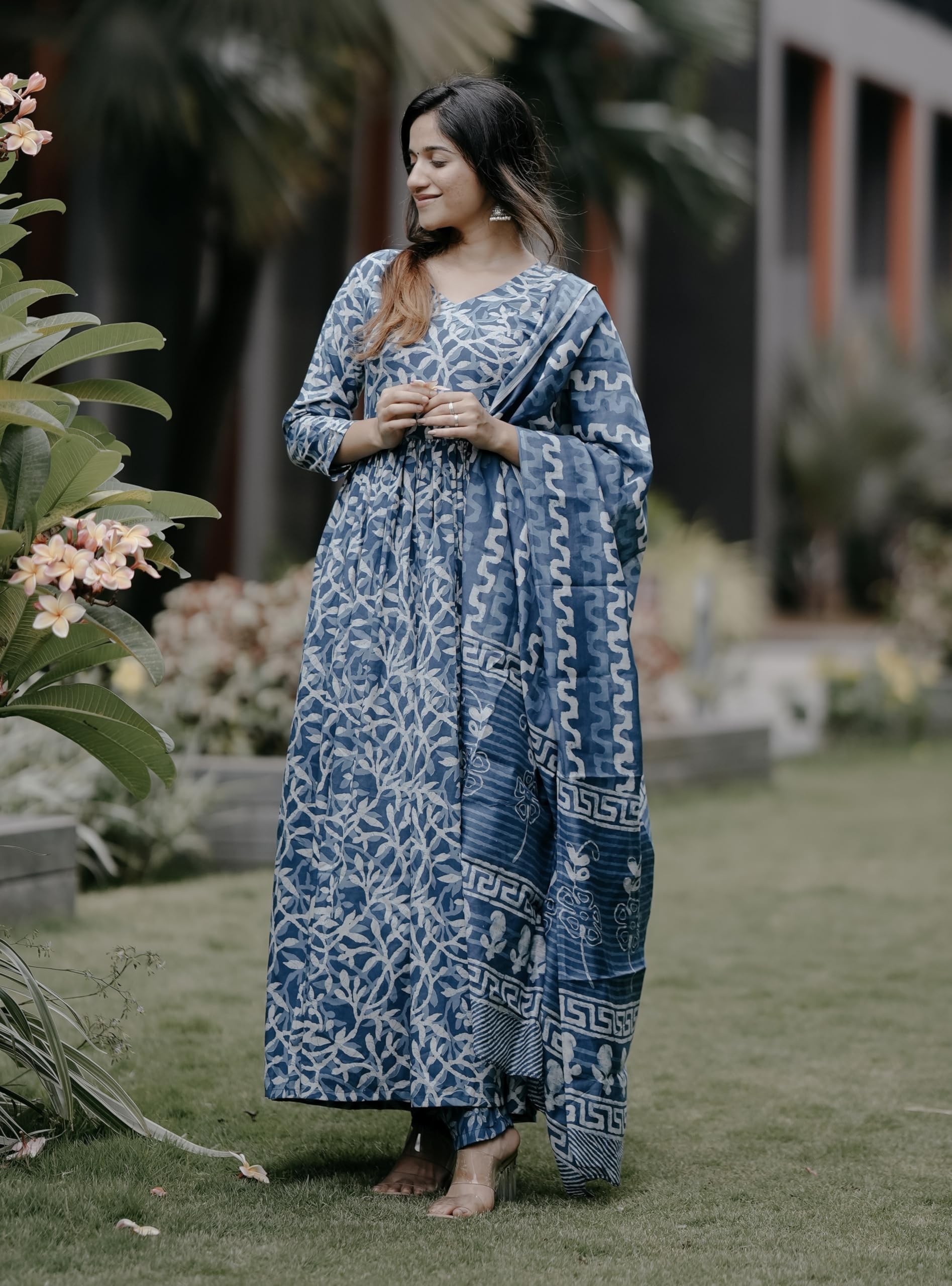 Nermosa Women Printed Anarkali Kurta And Pant Set With Dupatta (In, Alpha, S, Blue)