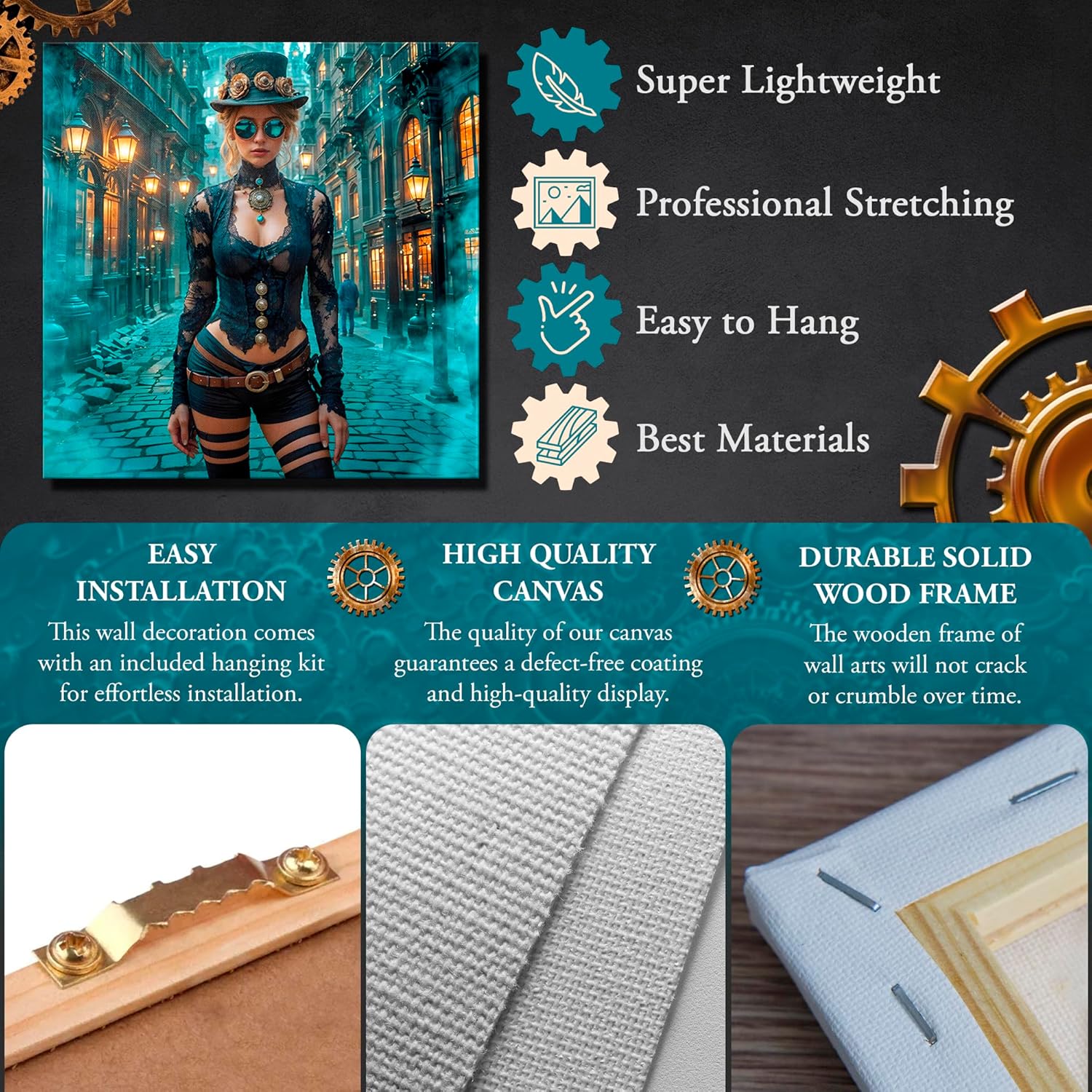 PUREVACY Steampunk Canvas Wall Art – Cool Blue Decor for Living Room or Bedroom style Vertical size 30x45 cm / 12x18″