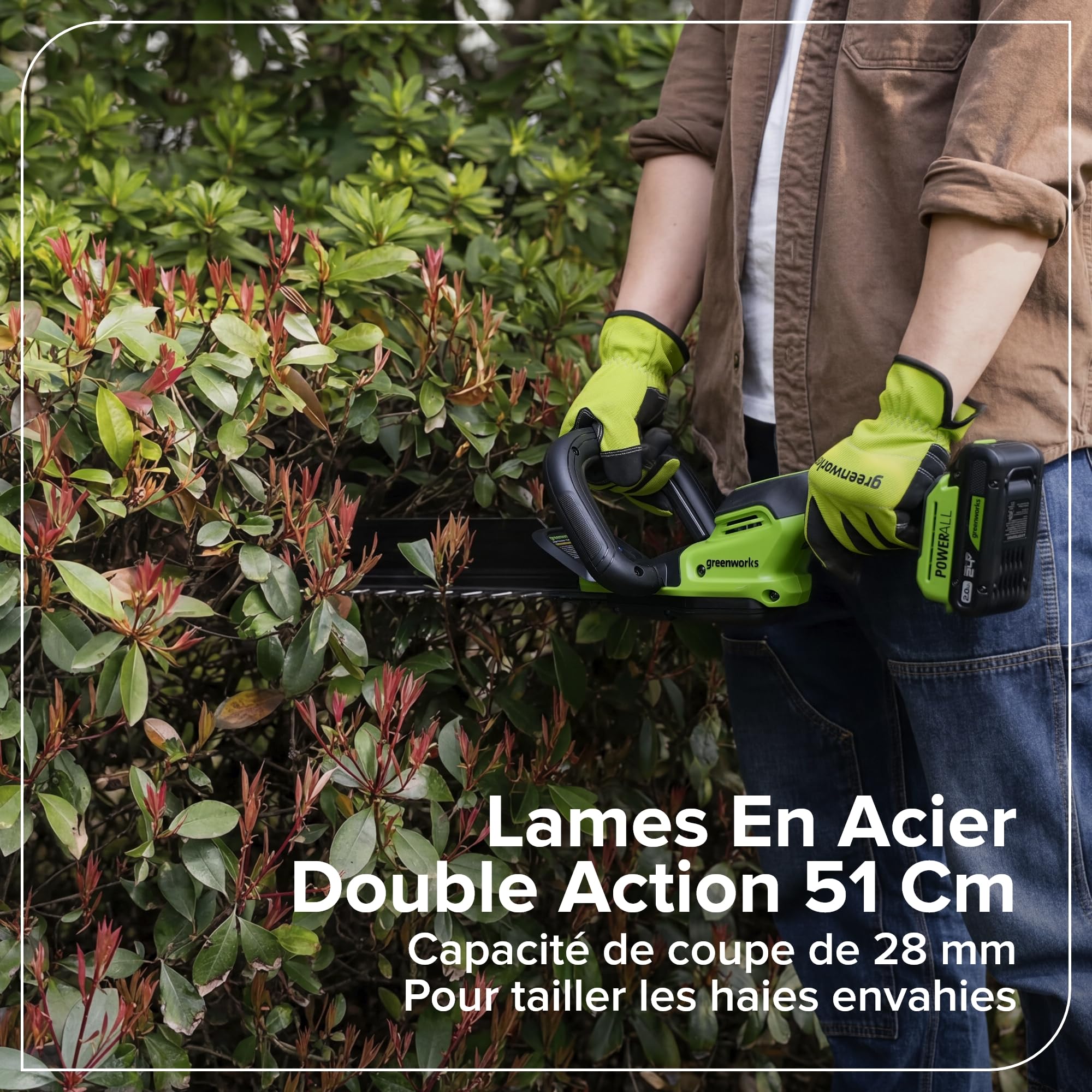 Greenworks Taille-Haies sans Fil 24V 51 cm, Moteur brushless, Lame Double Action 28 mm, Hedge Sweeper intégré, poignée Ergonomique enveloppante, sans Batterie HT2002DA1