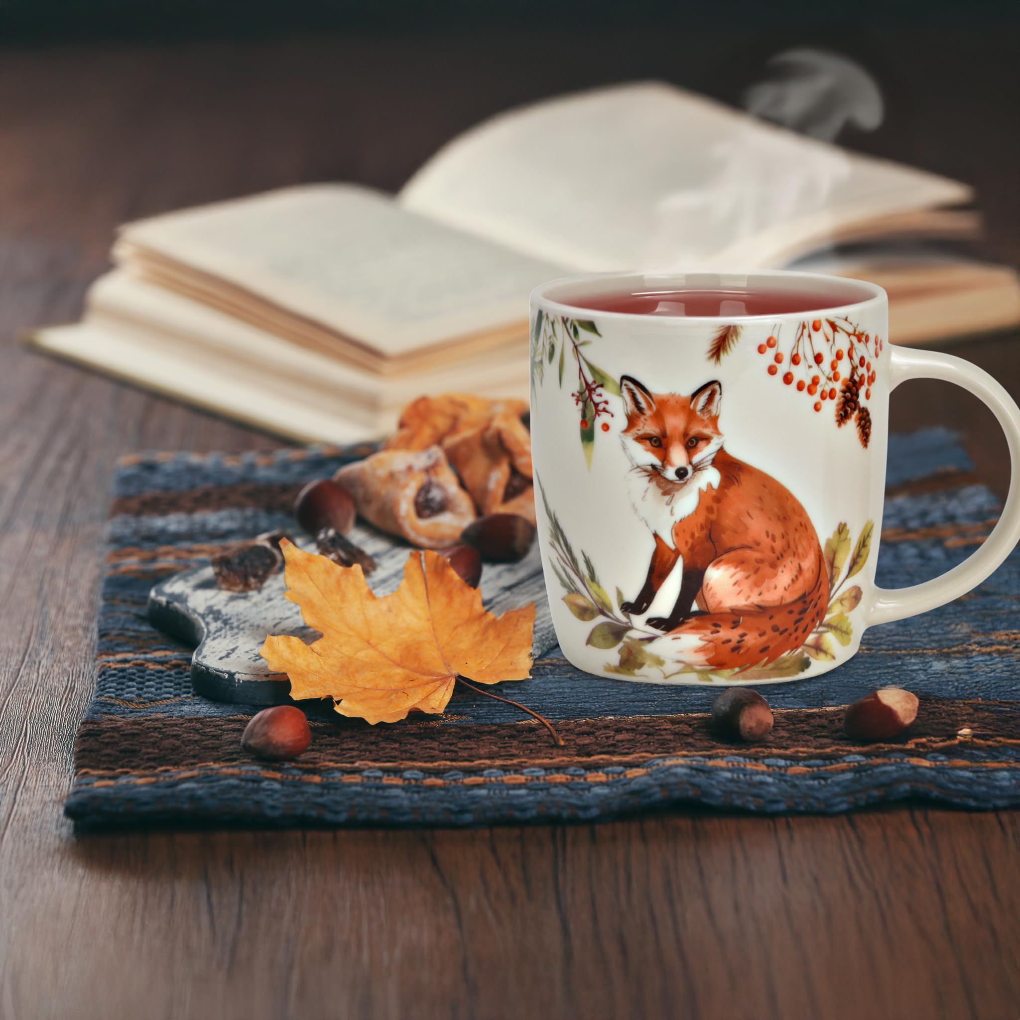 Lot de 6 tasses à thé d'automne, renard et hérisson, 350 ml, en porcelaine, passent au lave-vaisselle et au micro-ondes