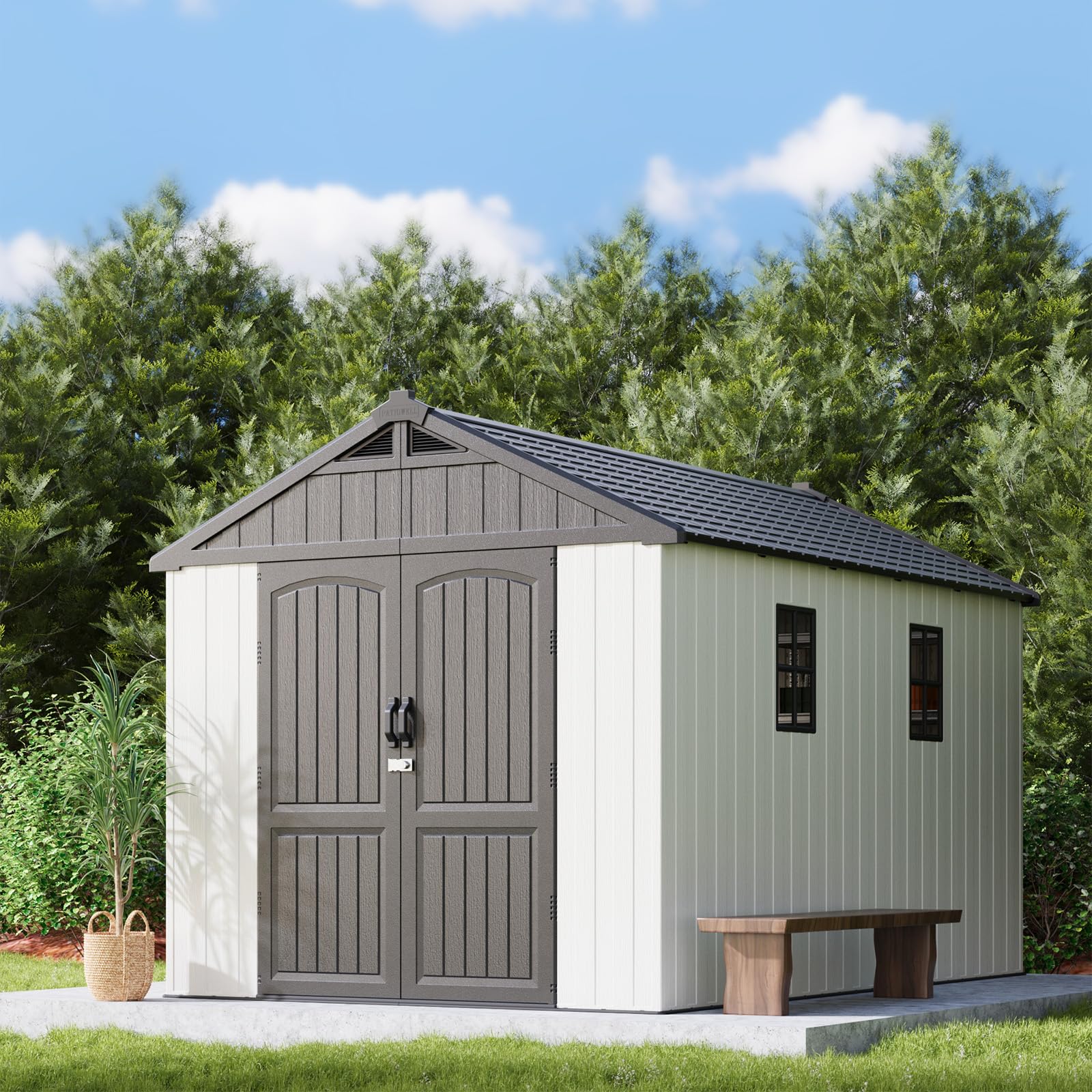 patiowell 8x12 ft outdoor storage shed, plastic shed resin garden shed with floor & window & lockable door for patio furniture, backyard tools, bicycles & lawnmower, beige