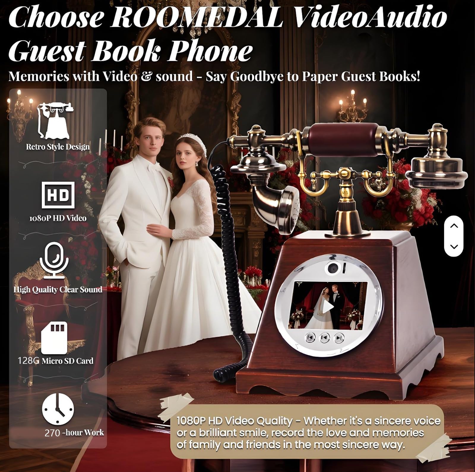 Księga gości weselnych, 128 G, 1080p, HD, wideo-audio, księga gości, kreatywna księga gości na wesela, urodziny, zakończenie szkoły, baby shower (A)