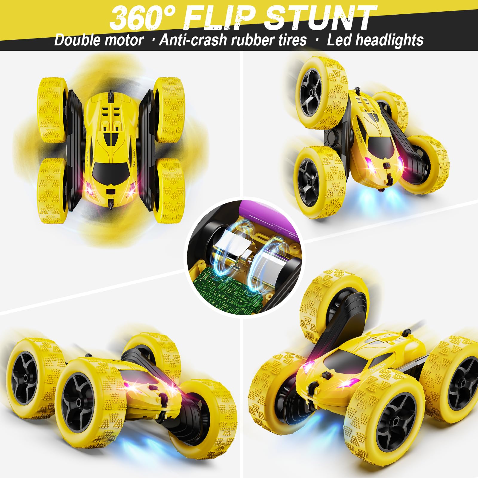 QUNREDA Macchina Telecomandata, Auto RC Giocattolo per Bambini 6-12 Anni, Auto Acrobatica Fuoristrada 4WD con Rotazione 360°, Regalo di Compleanno e Natale per Bambini e Bambine, Gialla