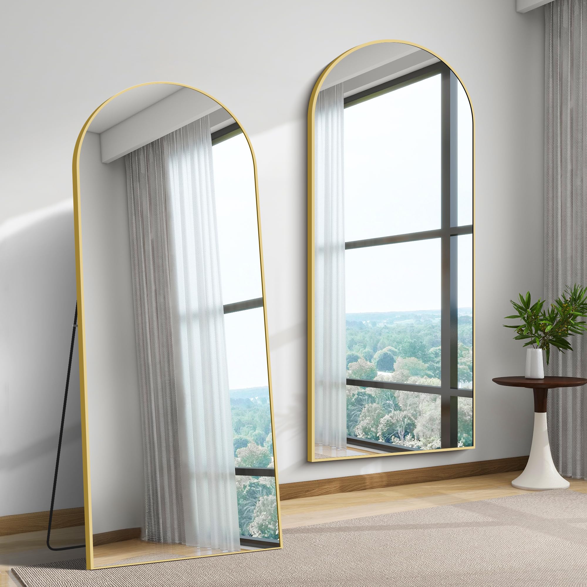WOLIBEER Miroir sur Pied 179 x 65 cm, Grand Miroir Arqué en Pleine Longueur avec Cadre en Aluminium Doré, Miroir Mural sur Pied pour Salle de Bain, Chambre à Coucher, Entrée, Couloir, Vanité