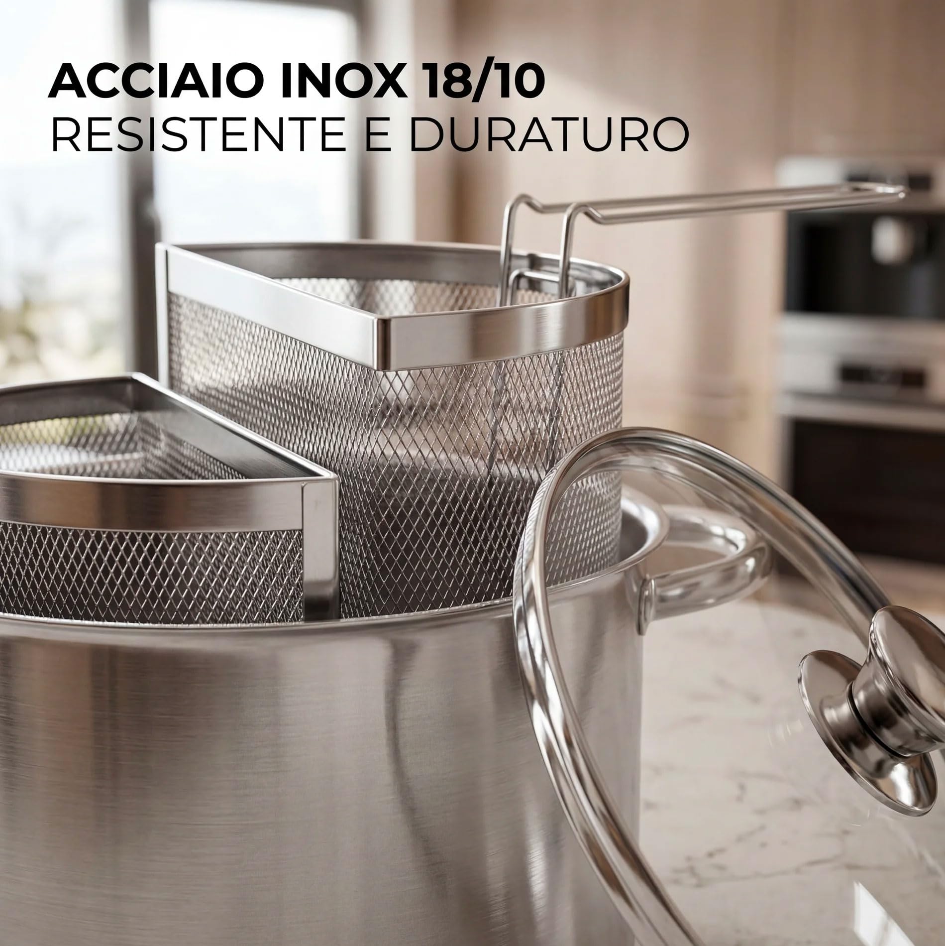 081 Store - Pentola Doppio Cestello con Coperchio 20 cm 6L Acciaio Inox 18/10 | Spaghettiera 2 Cestelli | Fondo Triplo Induzione | Pentola Pasta Professionale