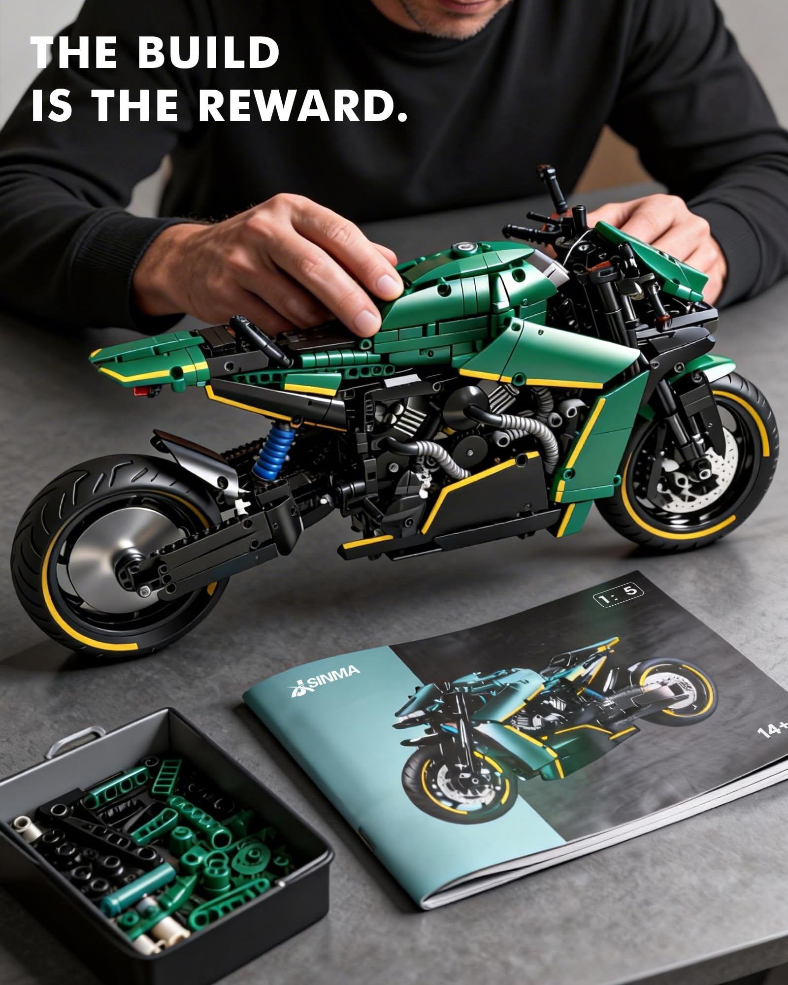 JSINMA Technic AMB001 Hyper - Set da costruzione di motociclette per adulti, modello di bici su larga scala 1:5 con luci a LED, display per ingegneria meccanica, regalo da collezione, oltre 2100 pezzi