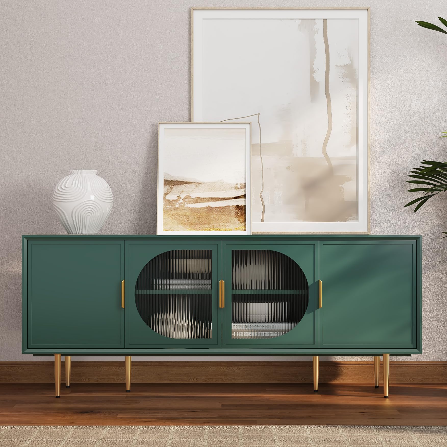 ARTPOWER Modern TV Stand for TVs up to 70+ inch, Glass Door Television Console Table with Gold Leg, Entertainment Center with Storage Cabinet, Wood Media Furniture for Bedroom, Living Room, Green