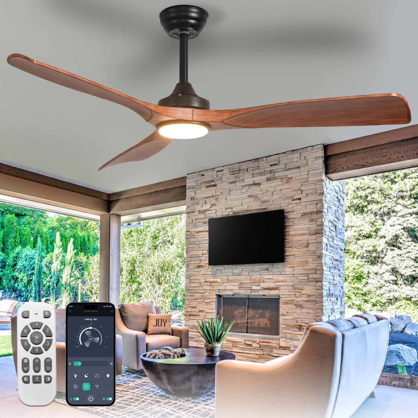 Outdoor Ceiling Fan with Light: 52 Inch 3 Blade Outdoor Fans for Patios - Modern Walnut Ceiling Fan with Dimmable Light Remote APP Control Ultra Quiet Reversible DC Motor Timer