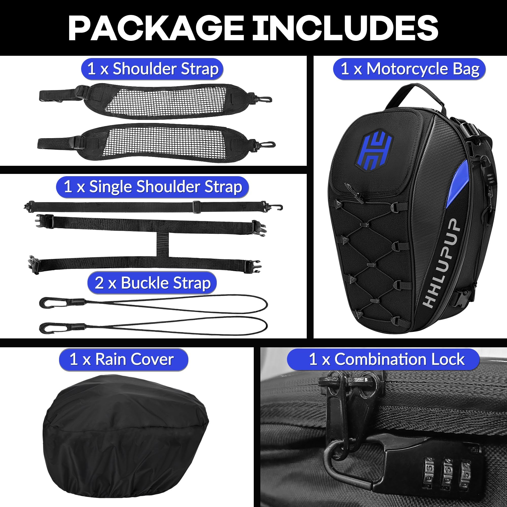 Borsa da sella per casco da moto, zaino da moto da 38 litri, impermeabile, borsa per casco da moto, 25-38 l, grande capacità, doppio uso (blu)
