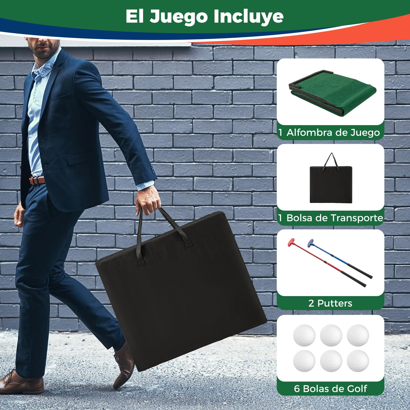 GYMAX Alfombra de Putting Práctica, Juego de Golf Mat Portátil con 2 Putters Ajustables,6 Bolas, Bolsa de Transporte para Interior, Exterior Case, Oficina, Entrenamiento Mini Golf