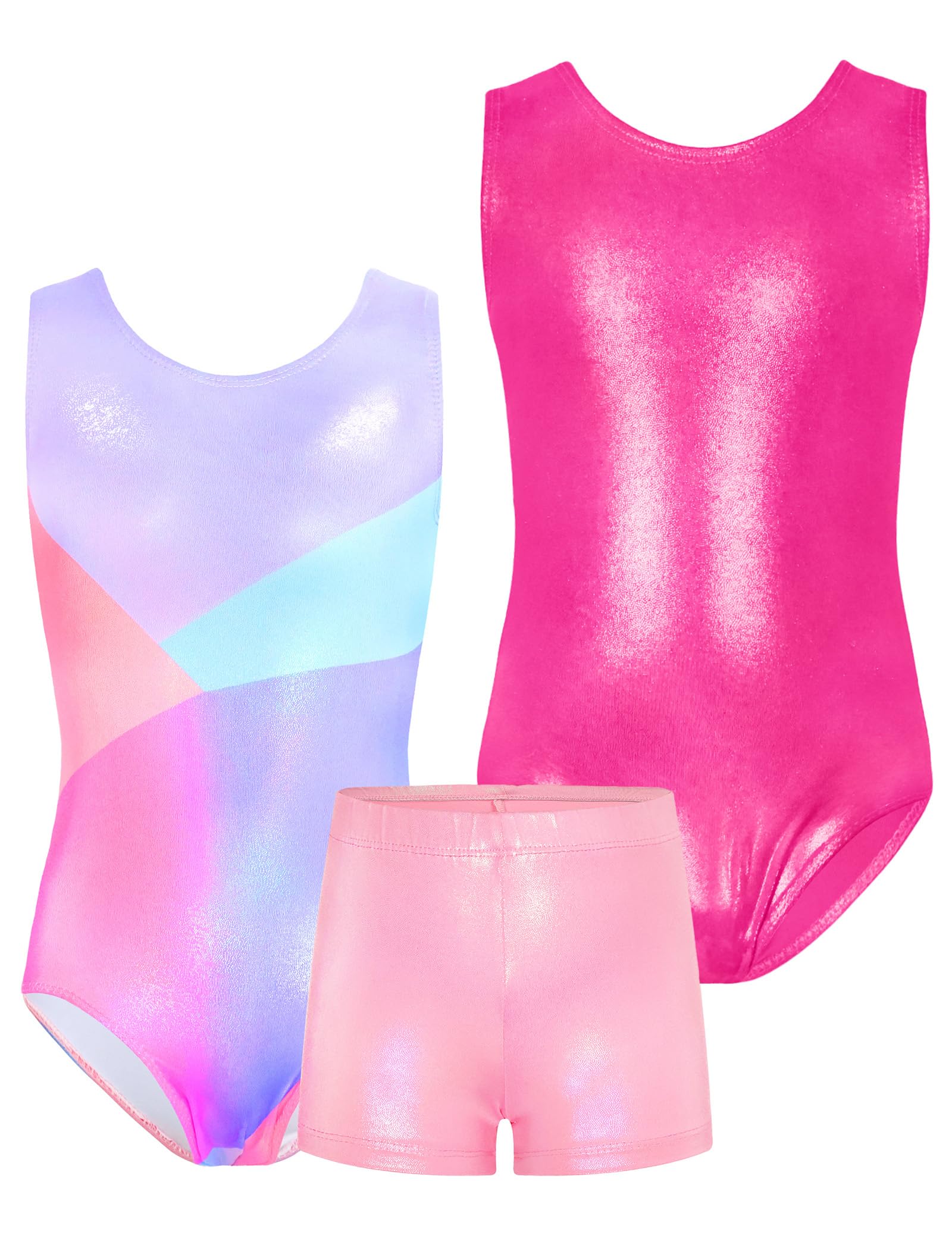 TENVDA Bundles of Girls Gymnastics Leotards Size 7-8 Years Old Solid Hotpink and Pink Blue Sleeveless Tumbling Outfit Bodysuits