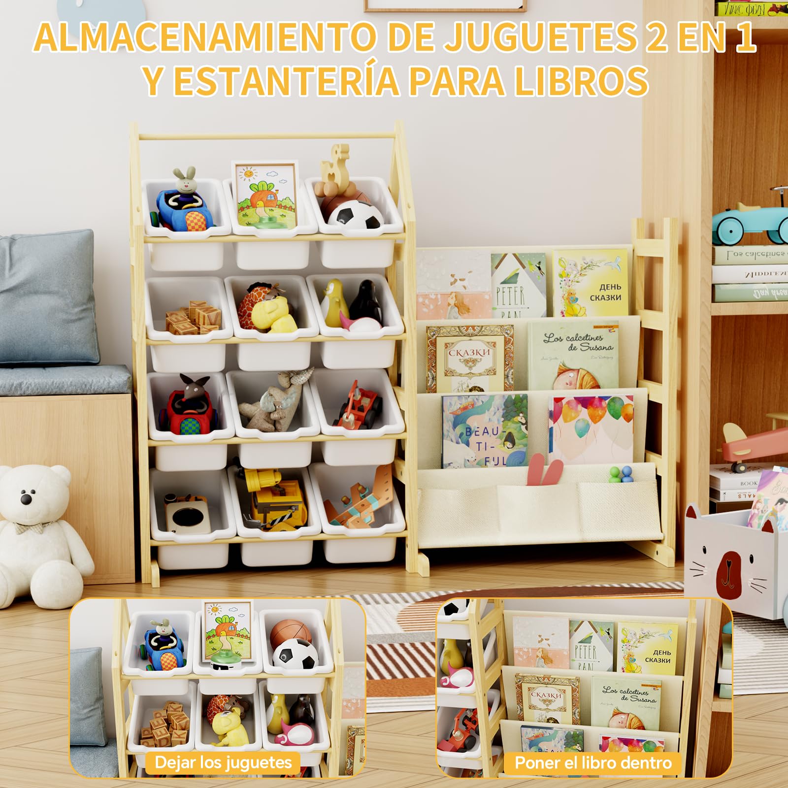 4 Niveles Organizador Juguetes Libreria Infantil Madera, con 12 Caja Almacenaje Juguetes, Mueble Juguetes Estanteria Libros Infantil Montessori, para Dormitorio, Habitación Niños, Sala Juego
