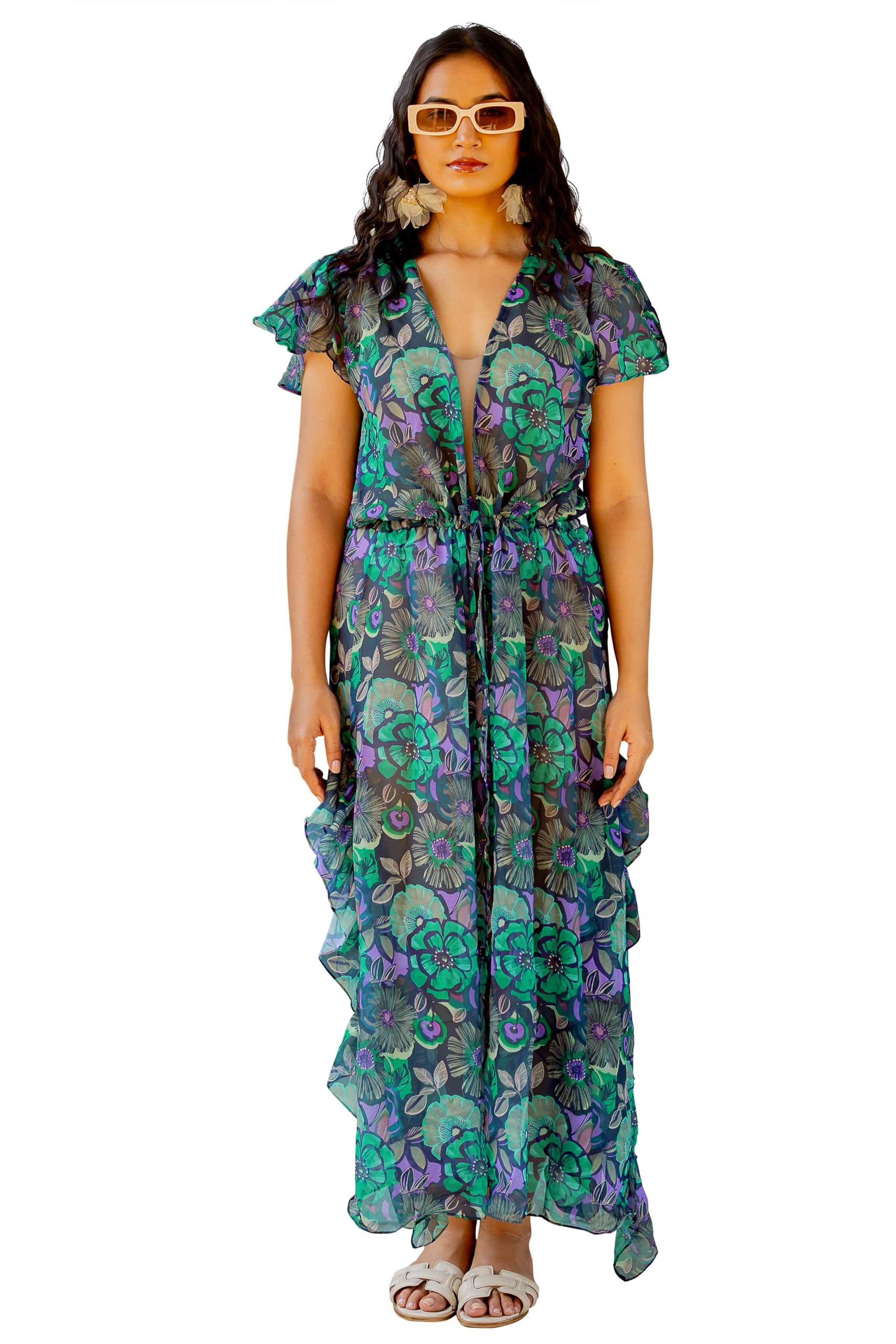 Women's Georgette Tropical Printed Beachwear Kaftan Dress Shrug Coverup, Resort Pool Wear(SH914-Black, Teal, Purple, Multi-Free Size)-image-49