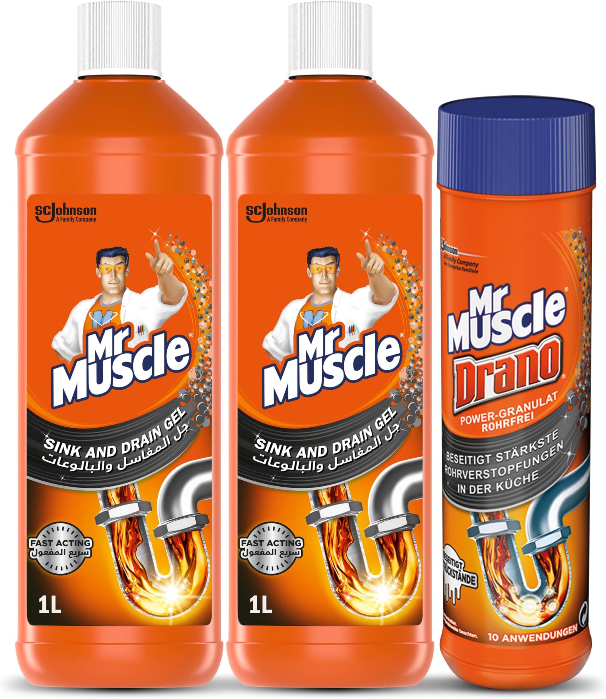 Mr Muscle Sink and Drain Gel Cleaner 2 x 1L + Mr Muscle Granules Drain Cleaner 1 x 500 gr