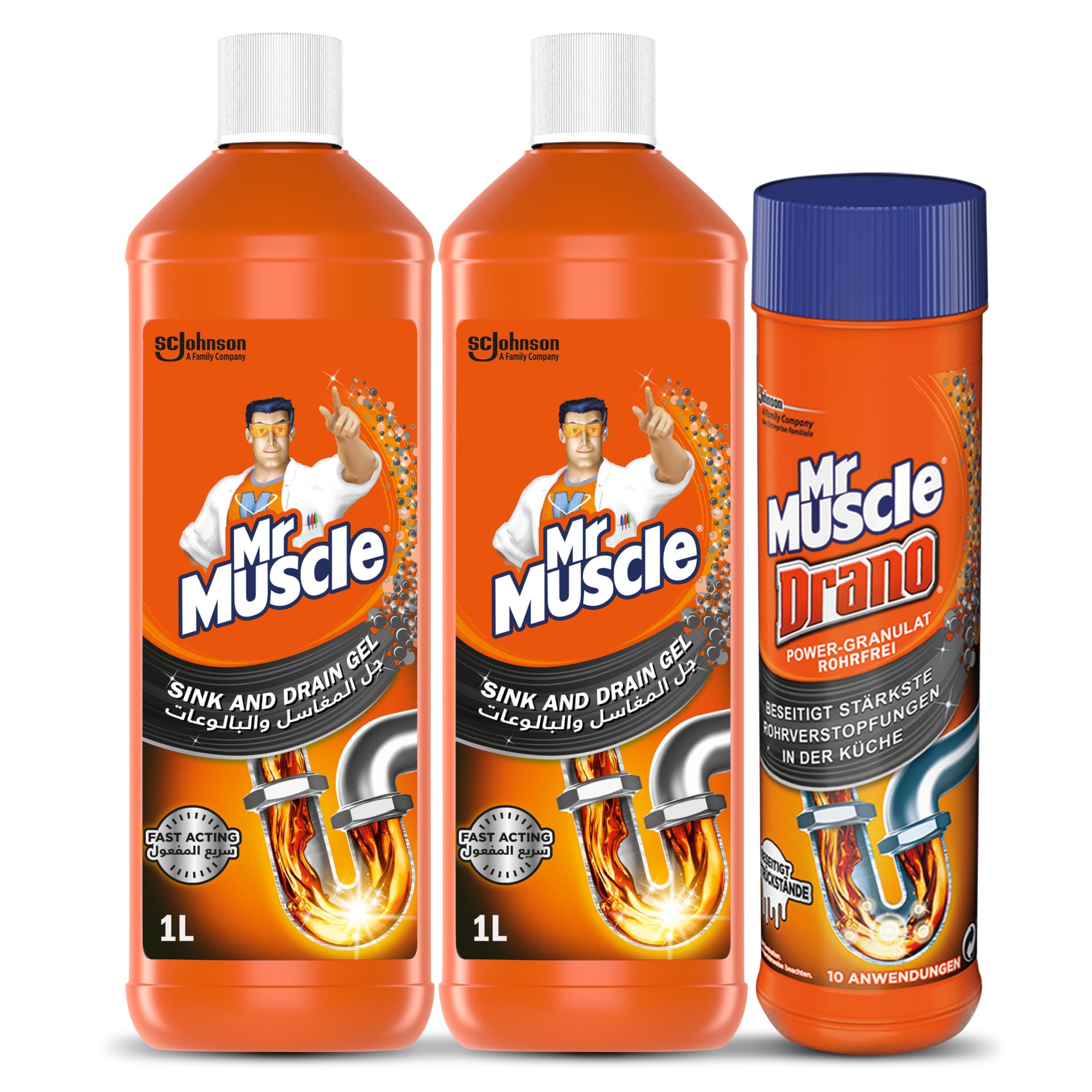Mr. MuscleSink & Drain Cleaner Bundle – 2 x 1L Drain Gel + 500g Power Granules – Clears Clogs, Removes Odours, Safe on All Pipes
