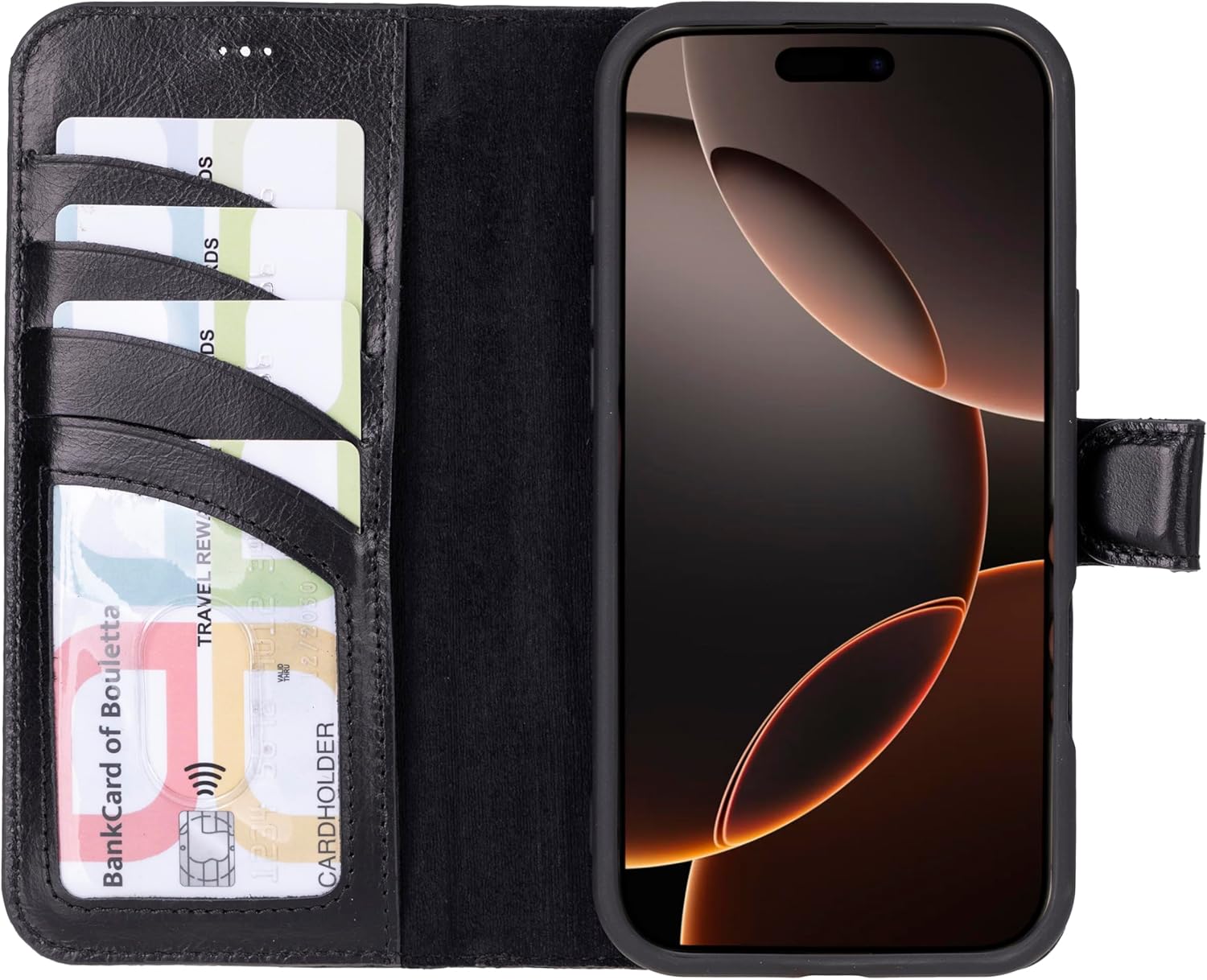 BOULETTA Handcrafted Wallet Case for iPhone 16 Pro Max Magsafe Compatible, Premium Leather, Detachable Magnetic Flip Cover with Strong Magnets, Kickstand, Drop/Impact Protection 6.9" Black