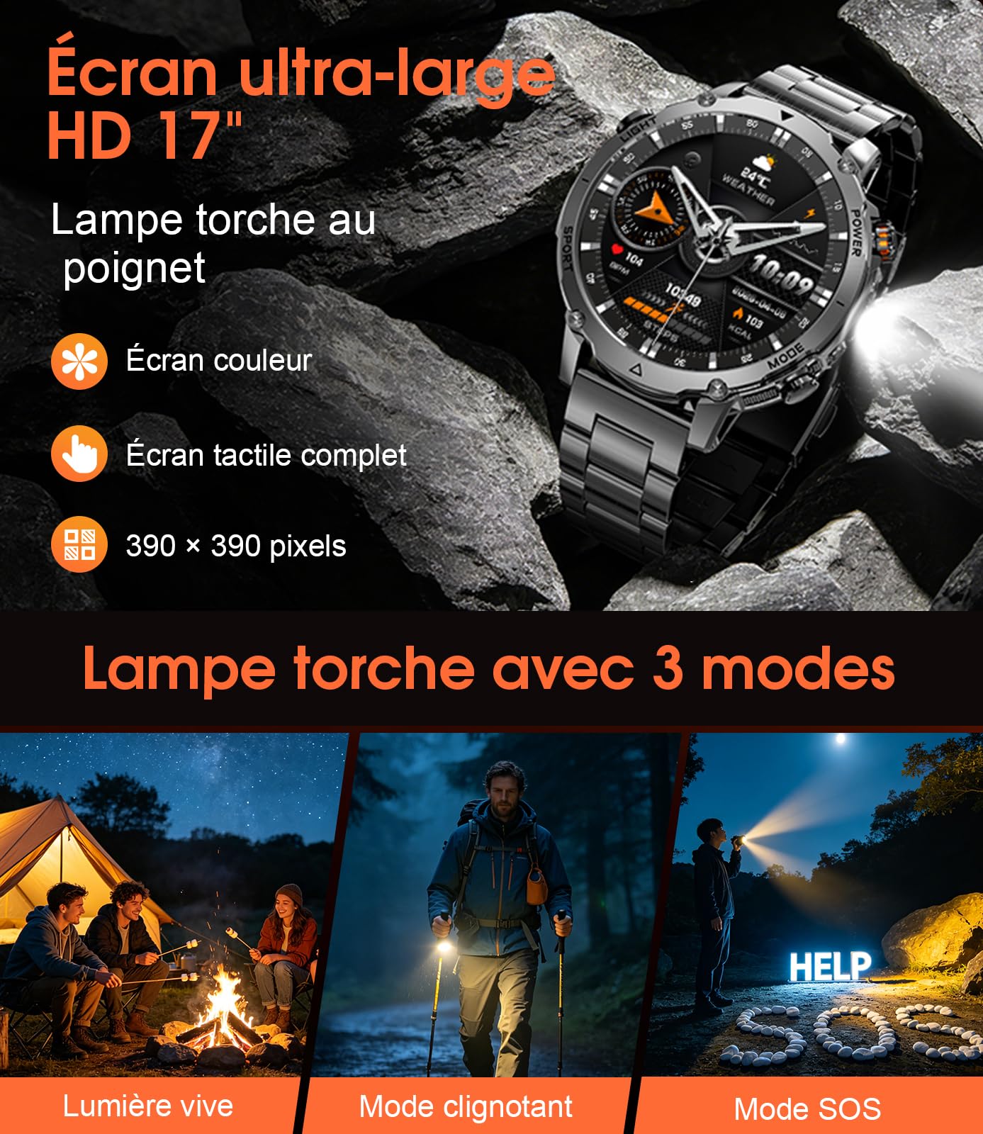 Montre Connectée Homme avec 1400 mAh, Smartwatch Homme LED Lampe 1,70'' Écran HD, Montre Intelligente Sport 100+ Modes Sportifs Podometre Sommeil Compatible Android iOS, 2 Bracelets（Gris）