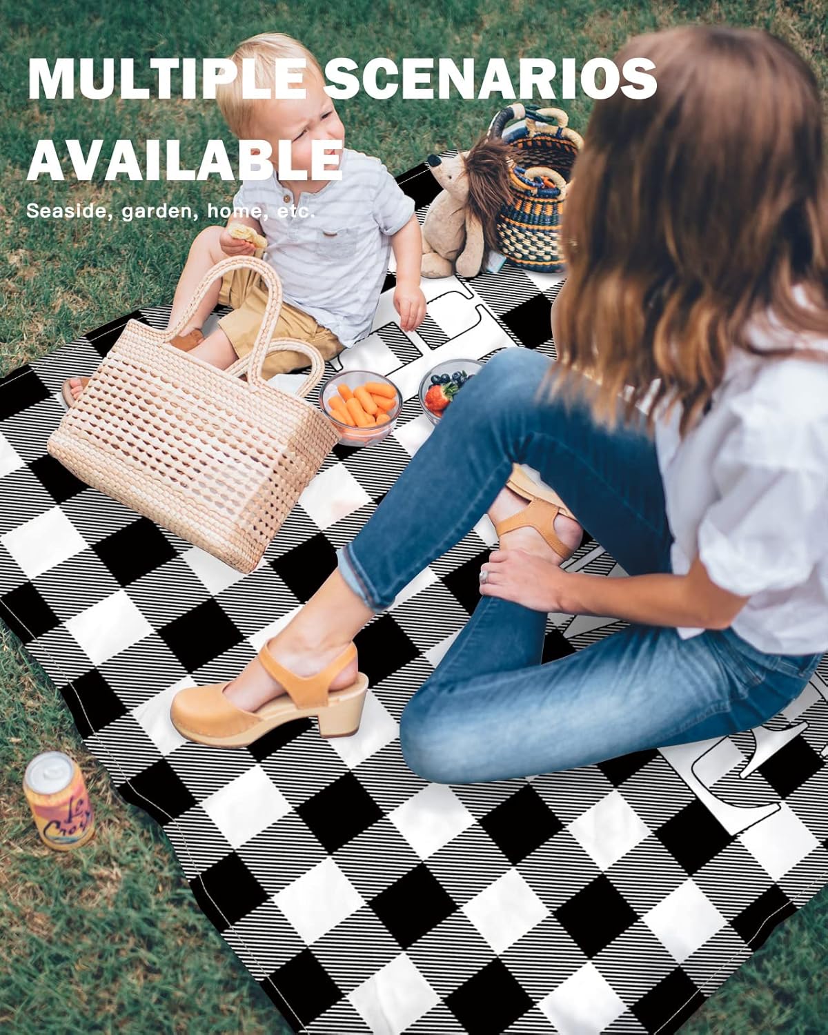 Farm Home Love Quotes Beach Blanket Waterproof Sandproof Outdoor Picnic Mat 108"x84" Black White Buffalo Lattice Lightweight Large Beaach Blankets with 4 Stake & 4 Corner Pockets