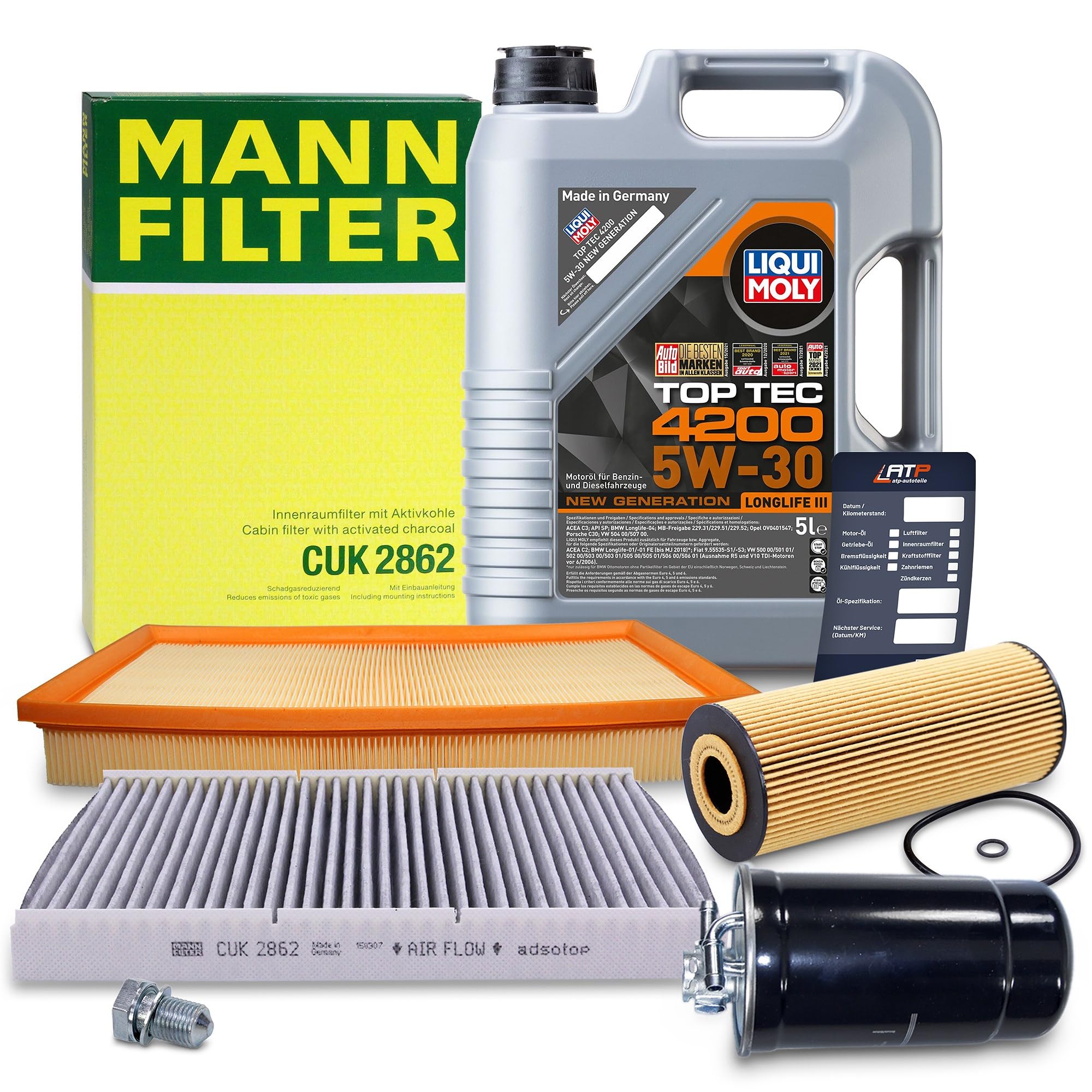 BESTPRICE Inspektionspaket Filterset mit 1x Ölfilter, 1x Luftfilter, 1x Kraftstofffilter, 1x Innenraumfilter (Aktivkohle), 1x Motoröl 5W-30 Top Tec 4200 5 l, 1x Ölablassschraube mit Dichtring,