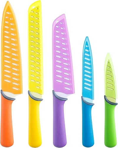 Glad Juego de cuchillos para cocina, cuchillos de chef de acero inoxidable con fundas, cuchillas de colores afilados con asas antideslizantes,