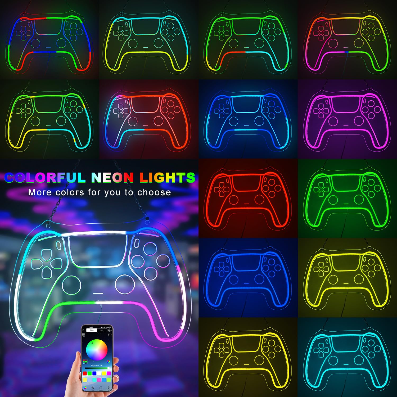Decorazione per la stanza dei giocatori per ragazzi, luci al neon a LED per decorazione da parete, 40 x 30 cm, luci da gioco a LED con telecomando e controllo app, dimmerabile, decorazione da parete