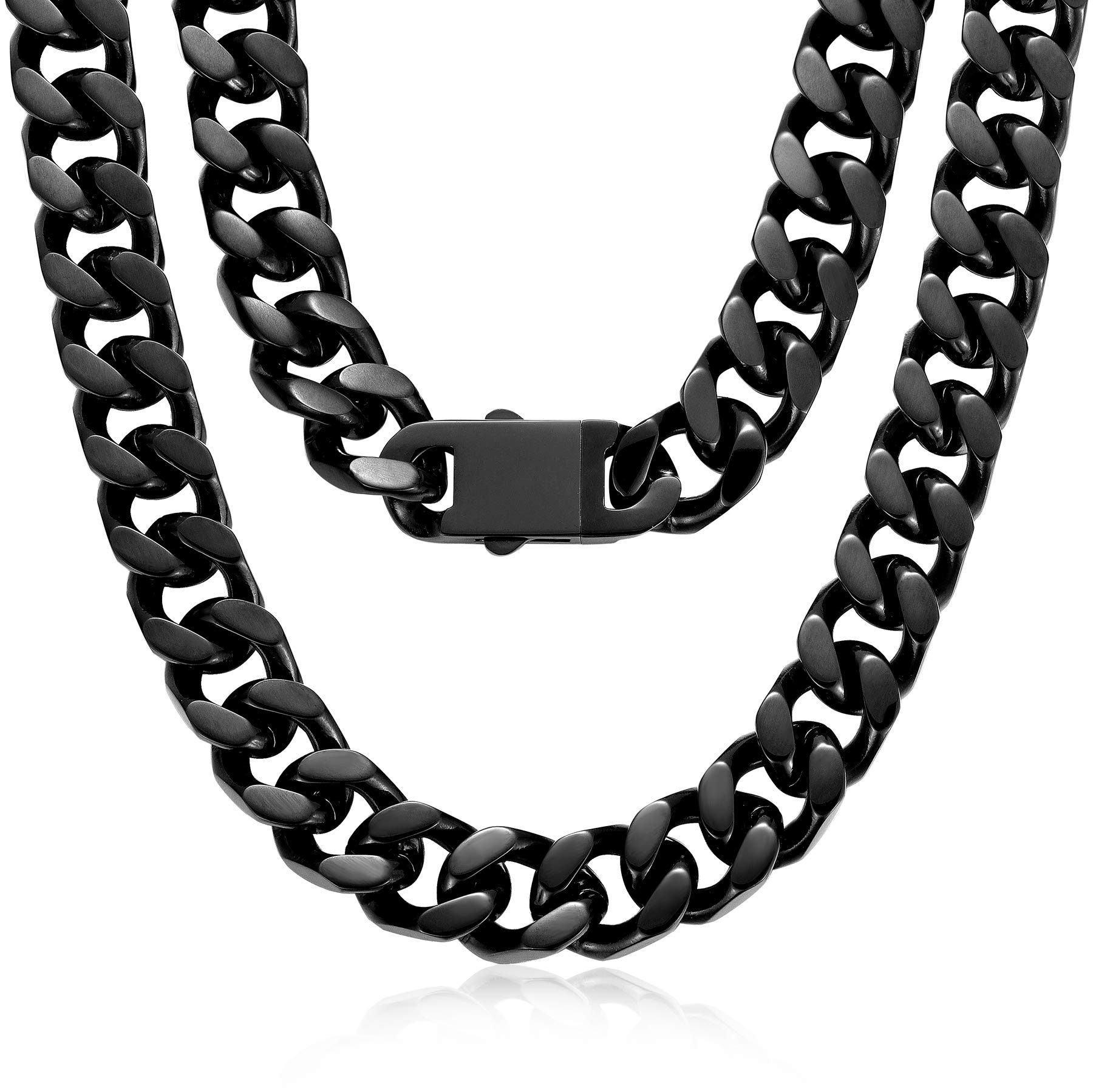ROWIN&COStainless Steel Curb Cuban Chain Necklaces for Men Women, Black/18K Gold Plated/Rose Gold, Nickel-free, Hypoallergenic Jewelry, Miami Cuban Link Chain, 15mm/18 to 35 inch.