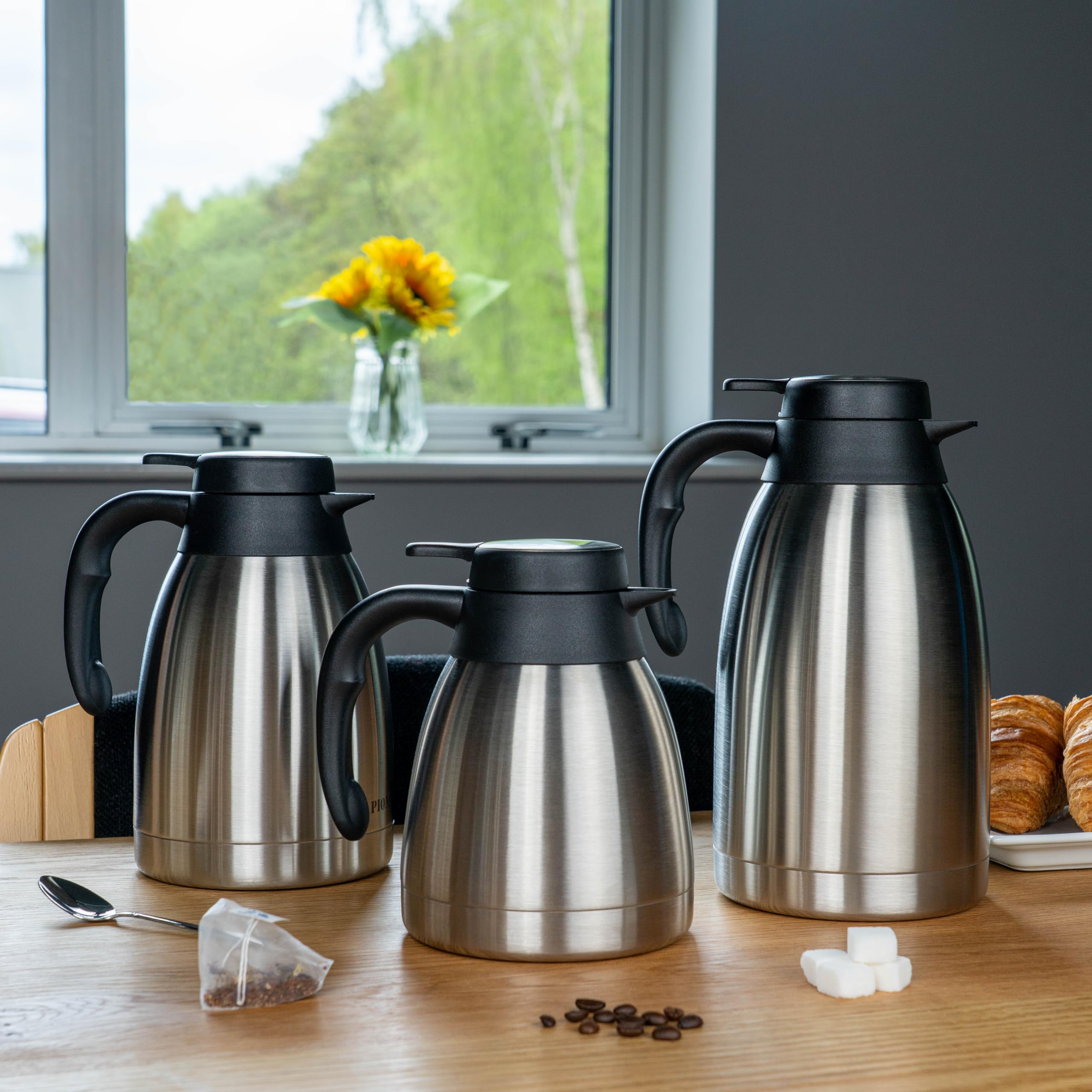 Pioneer Caraffa per caffè sottovuoto, acciaio inossidabile, finitura satinata, coperchio piatto in acciaio inossidabile, 2 litri