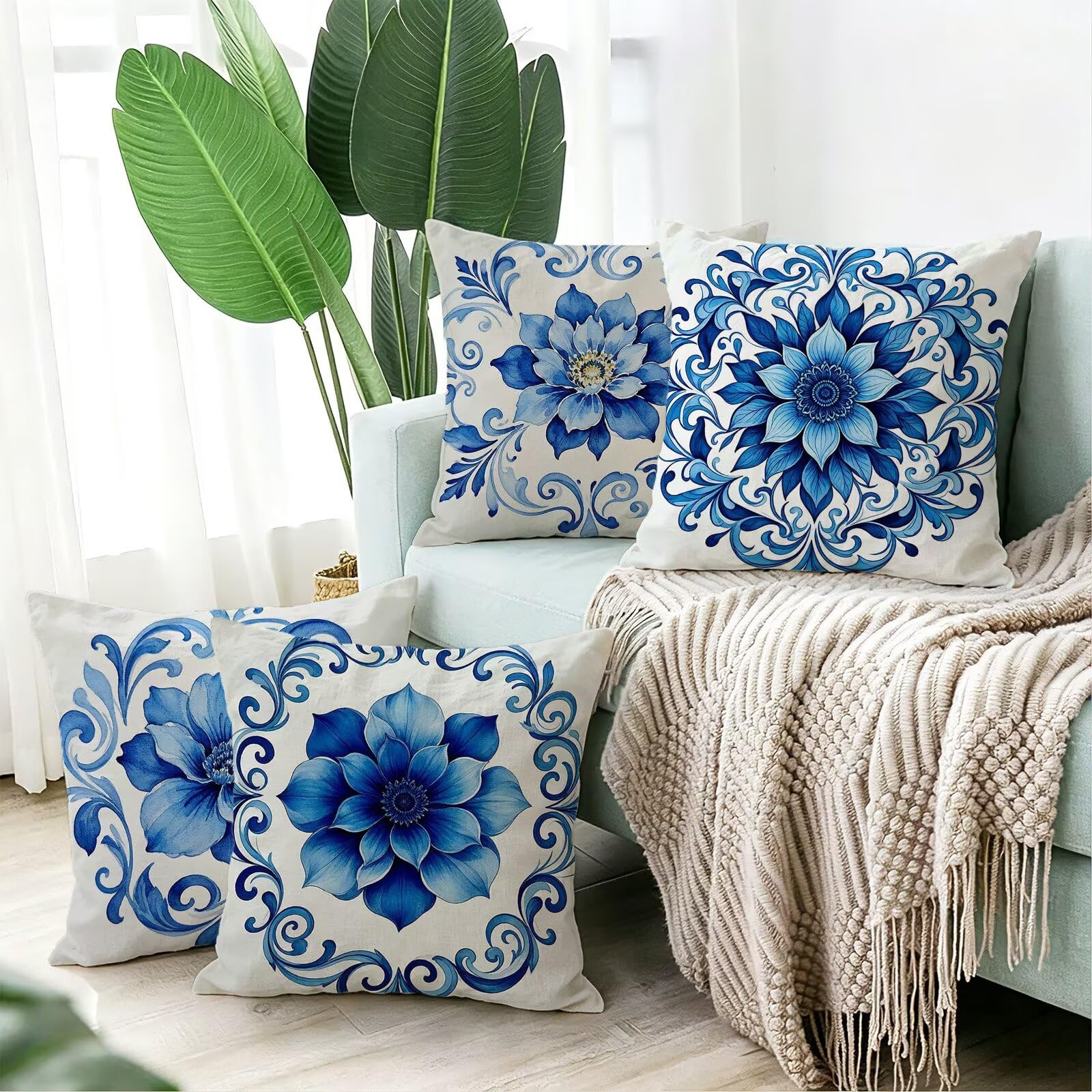 Blu Federe Cuscini Divano 60x60cm, Cuscini da Esterno Set de 4, Cod-306