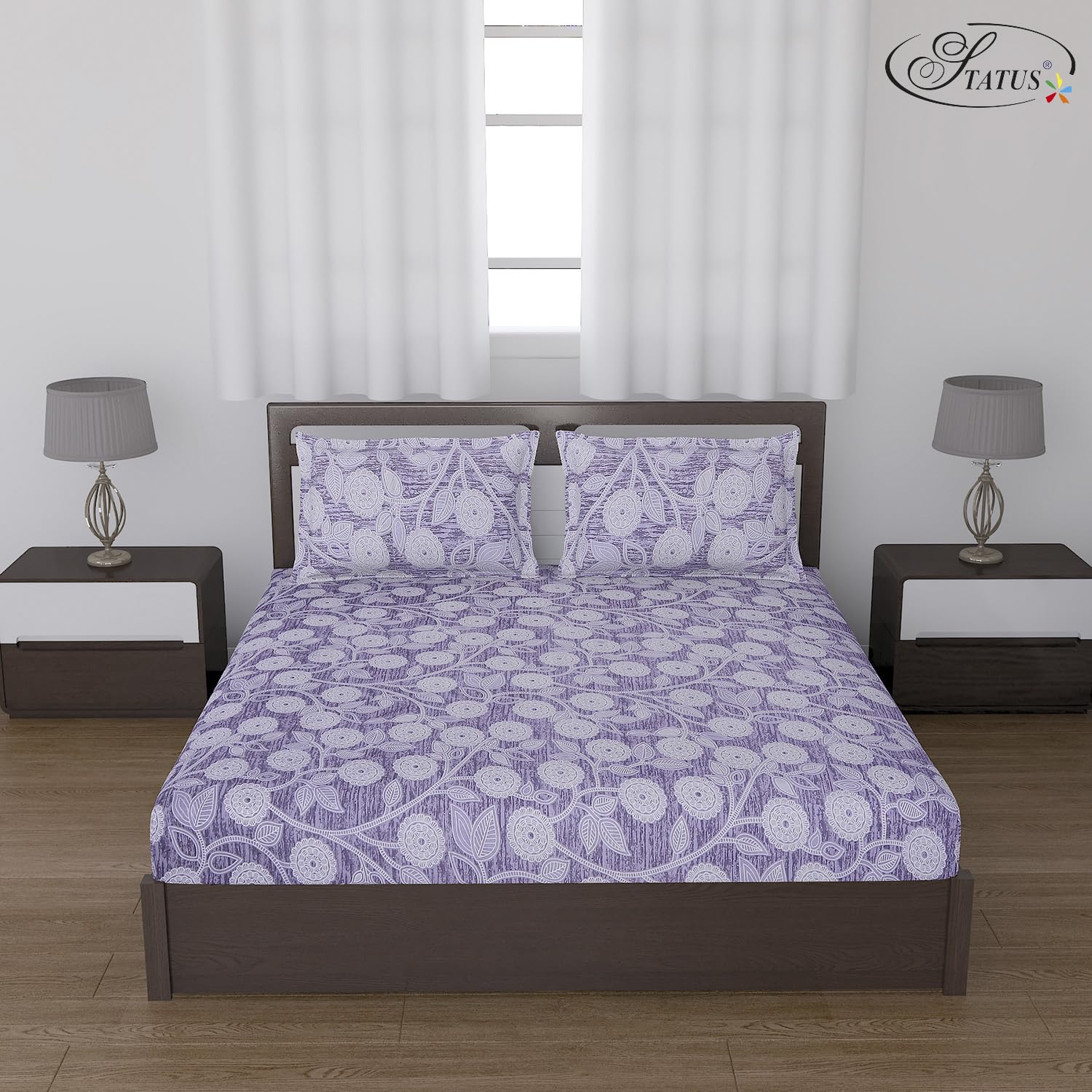 Status Contract -Cotton Rich Double Bedsheet with 2 Pillow Covers for Bed Room, Home, Hotel-120 GSM (Violet White)