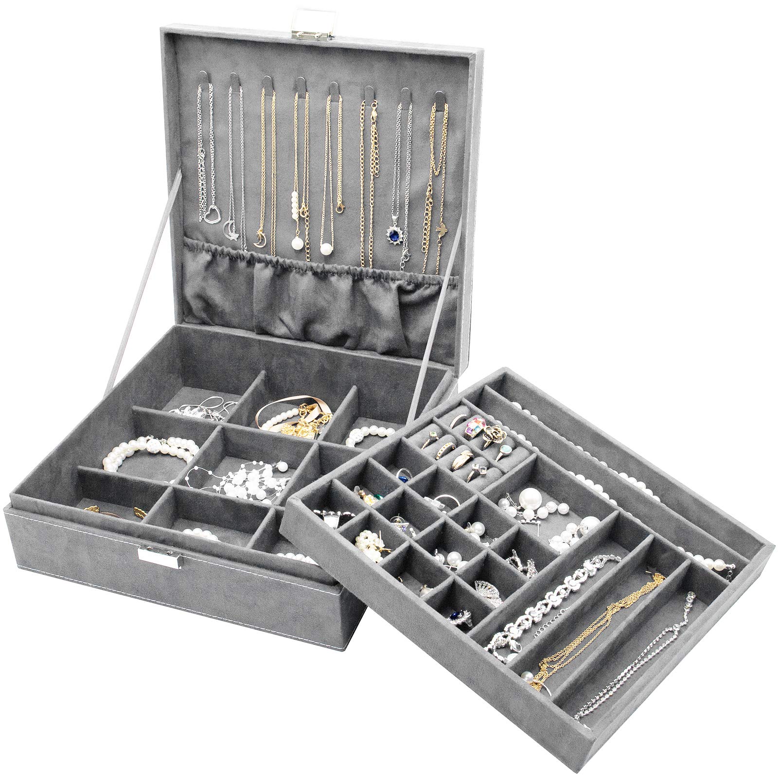 Procase Women's Grey Jewellery Box Organiser, 2 Tiers Large Jewellery Boxes Storage Cases For Earrings, Bracelets, Rings, Necklaces –