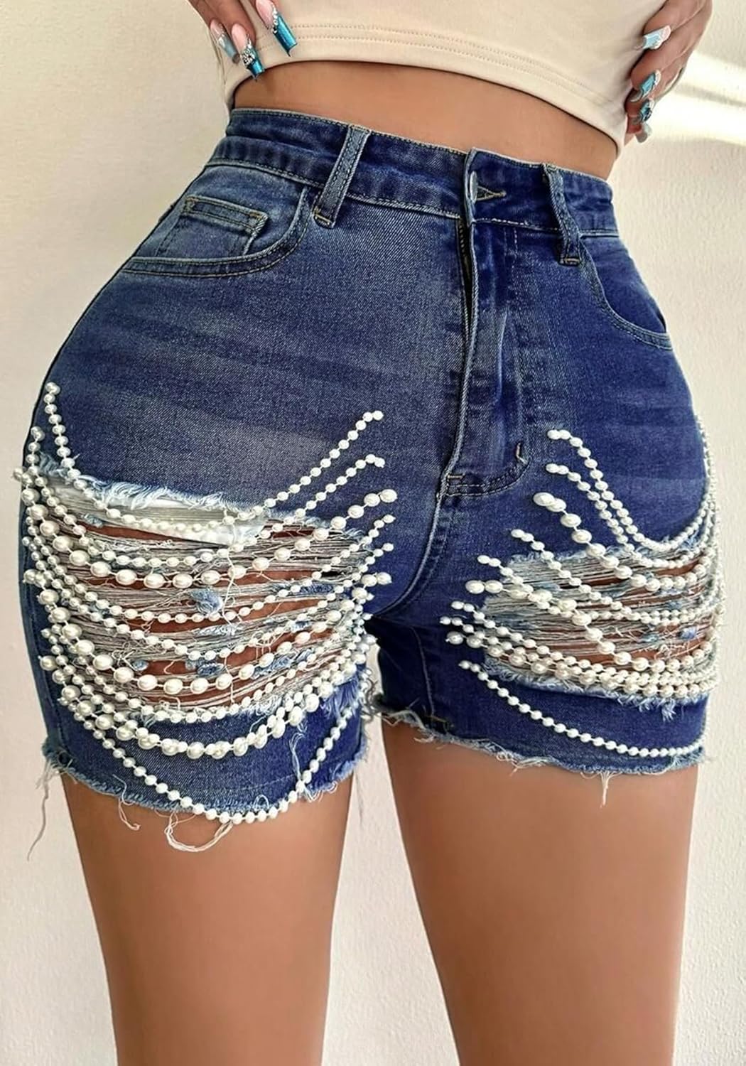 Tbahhir Women’s High Waist Ripped Denim Shorts with Pearls Beading Chain Distressed Bodycon Stretchy Summer Jean Shorts - Image 3