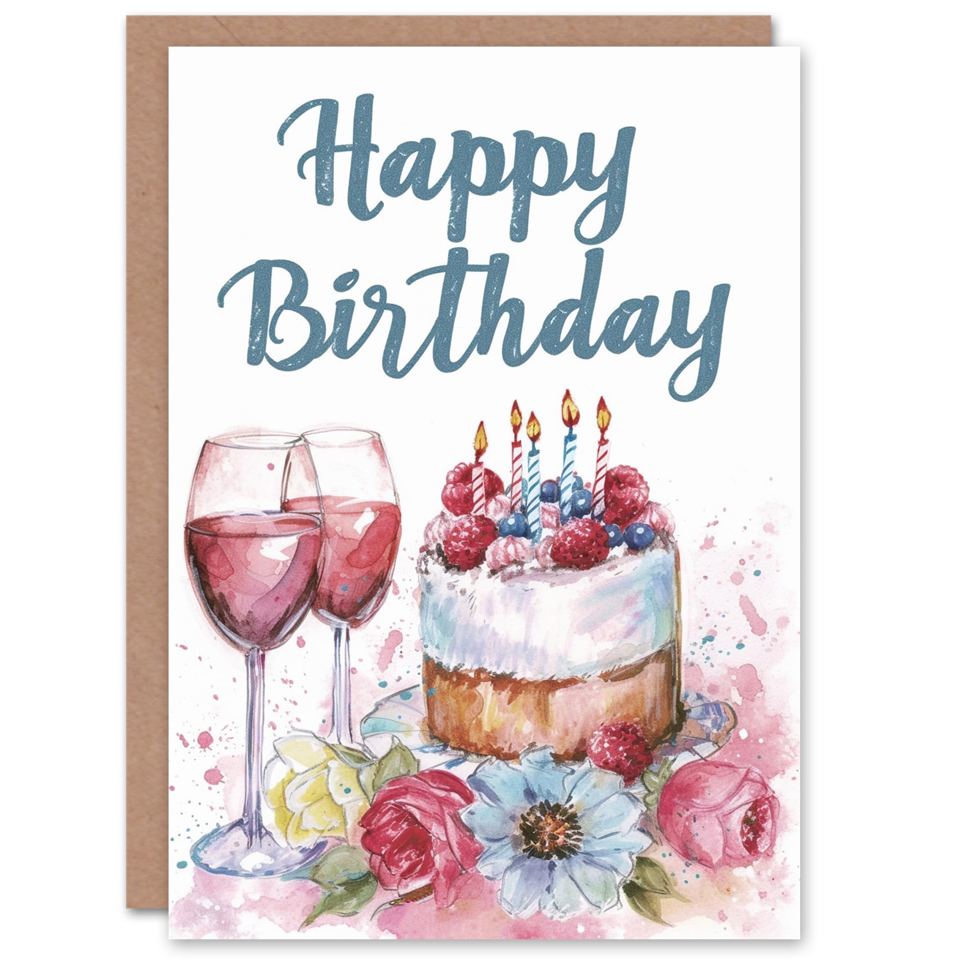 Birthday Card Fruit Cake and Wine Floral Watercolour Greeting Card
